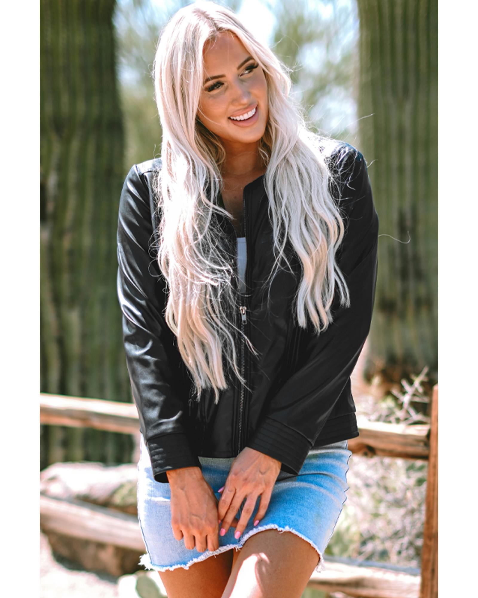 Black Solid Faux Leather Zipper Slim Fit Bomber Jacket - XL