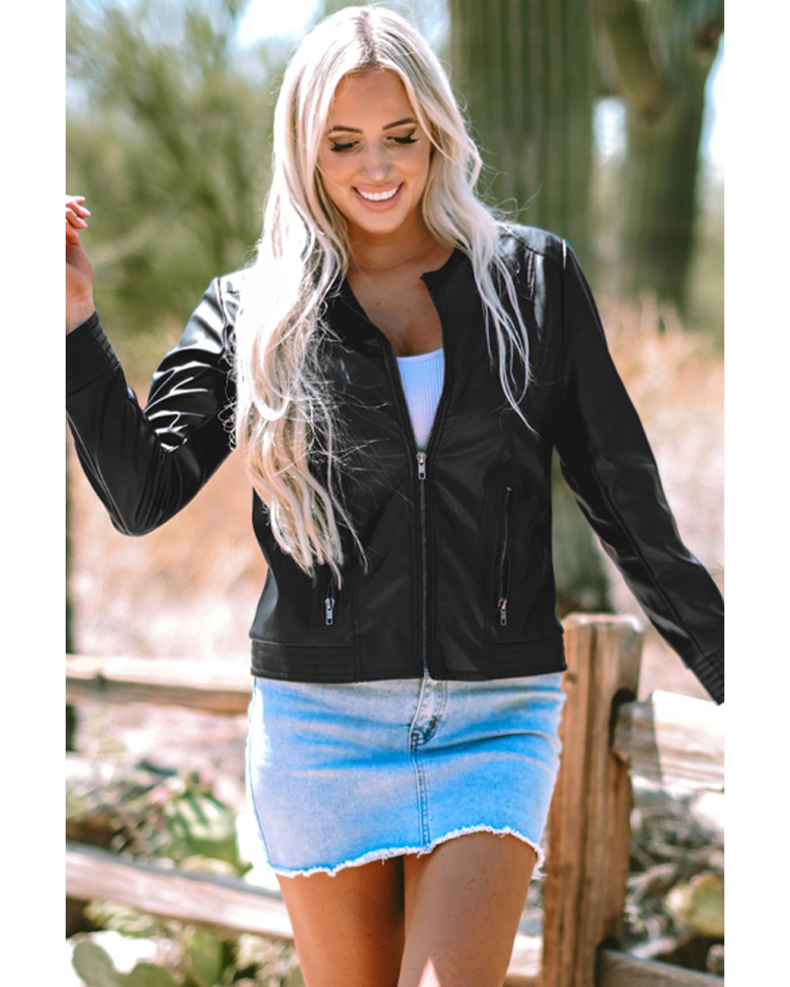 Black Solid Faux Leather Zipper Slim Fit Bomber Jacket - XL 6