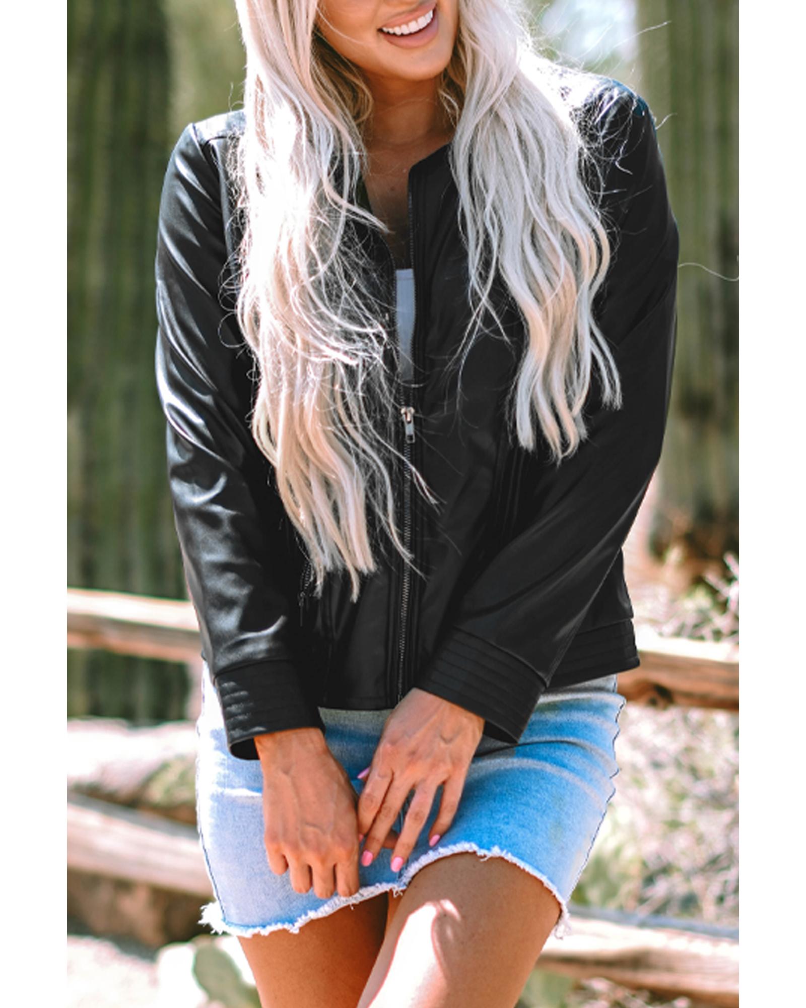 Black Solid Faux Leather Zipper Slim Fit Bomber Jacket - XL 8