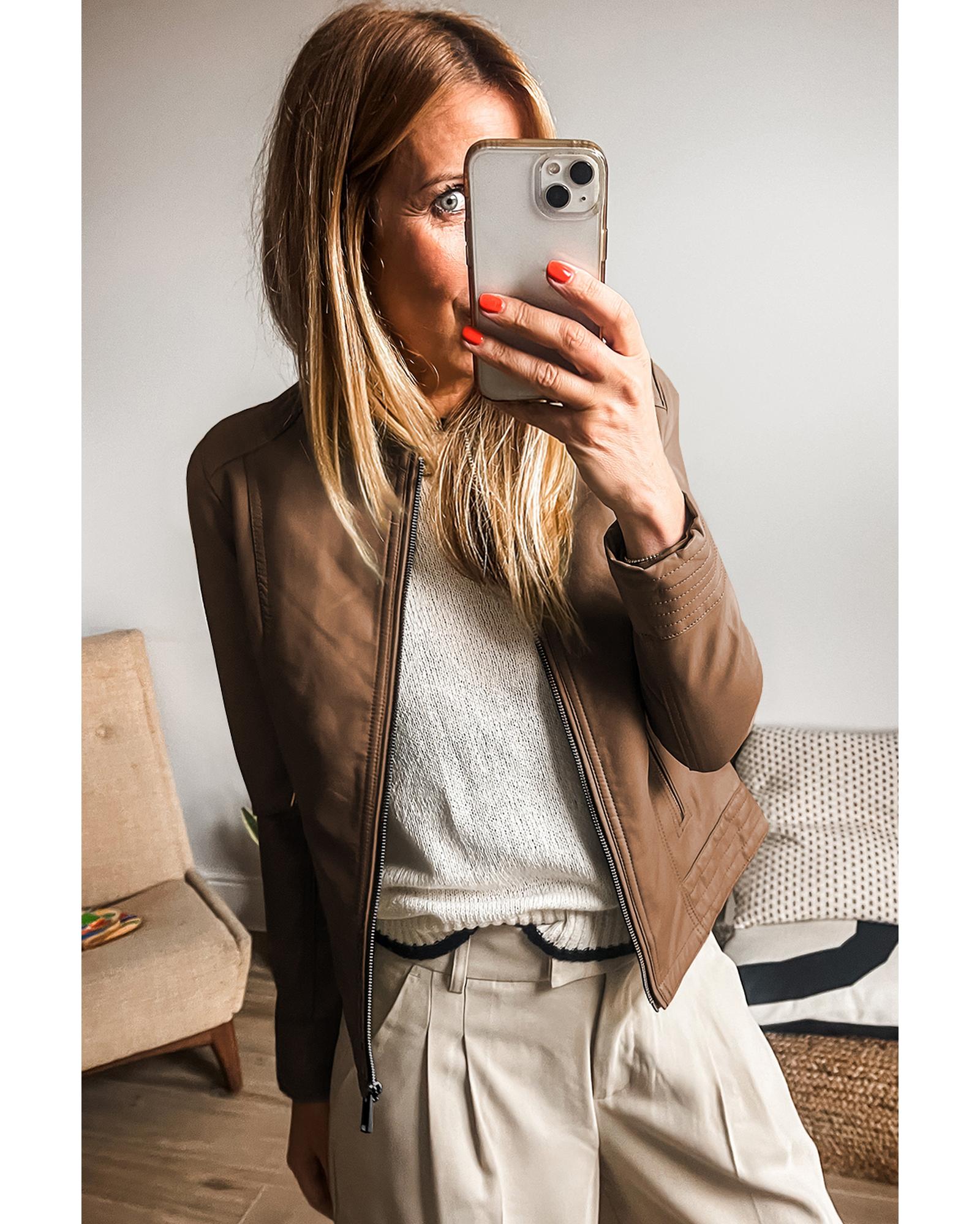 Chestnut Solid Faux Leather Zipper Slim Fit Bomber Jacket - M