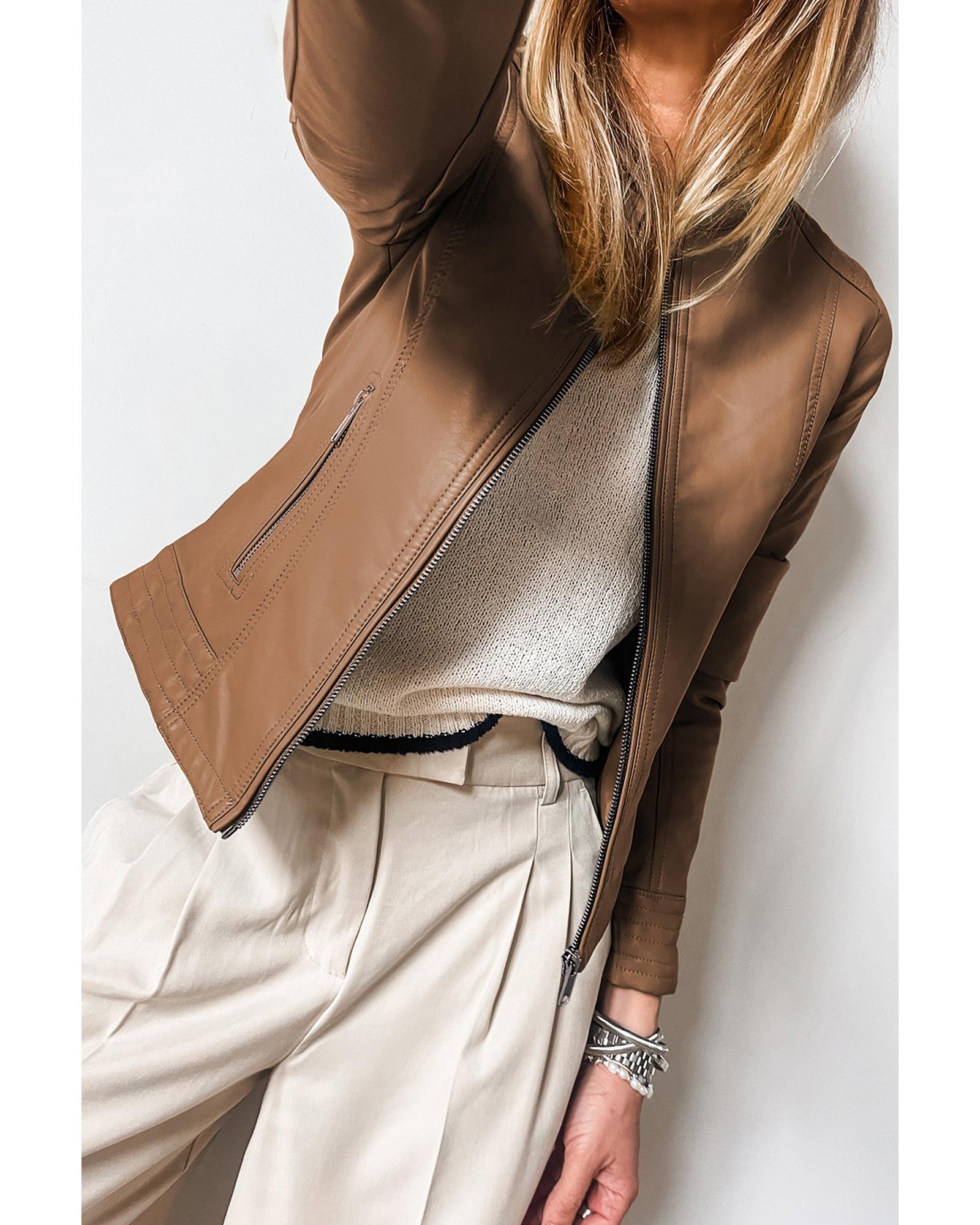 Chestnut Solid Faux Leather Zipper Slim Fit Bomber Jacket - M 3