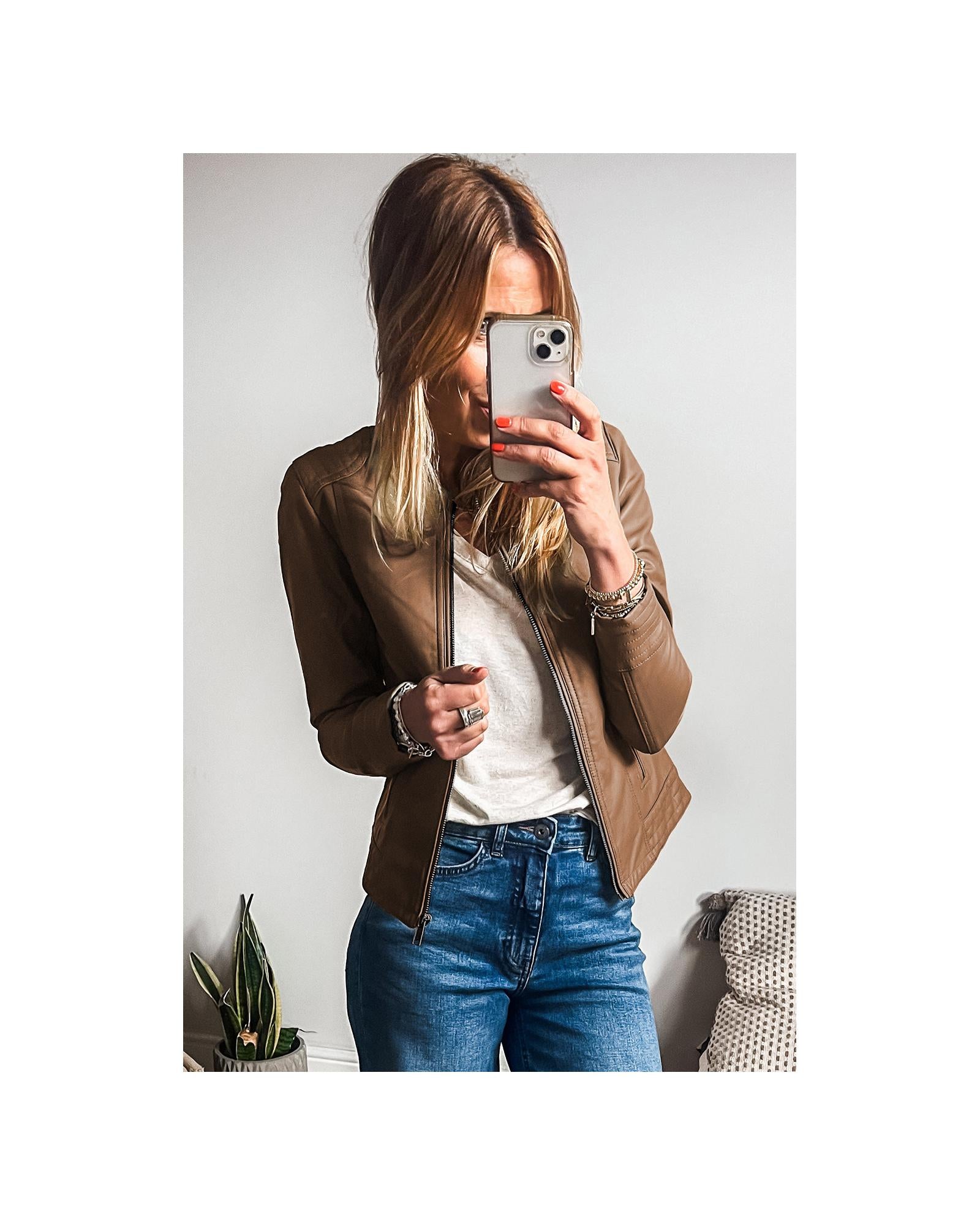 Chestnut Solid Faux Leather Zipper Slim Fit Bomber Jacket - M 4