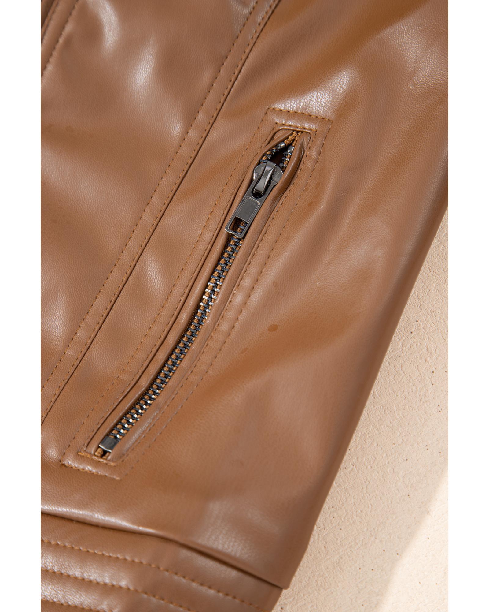 Chestnut Solid Faux Leather Zipper Slim Fit Bomber Jacket - M 5