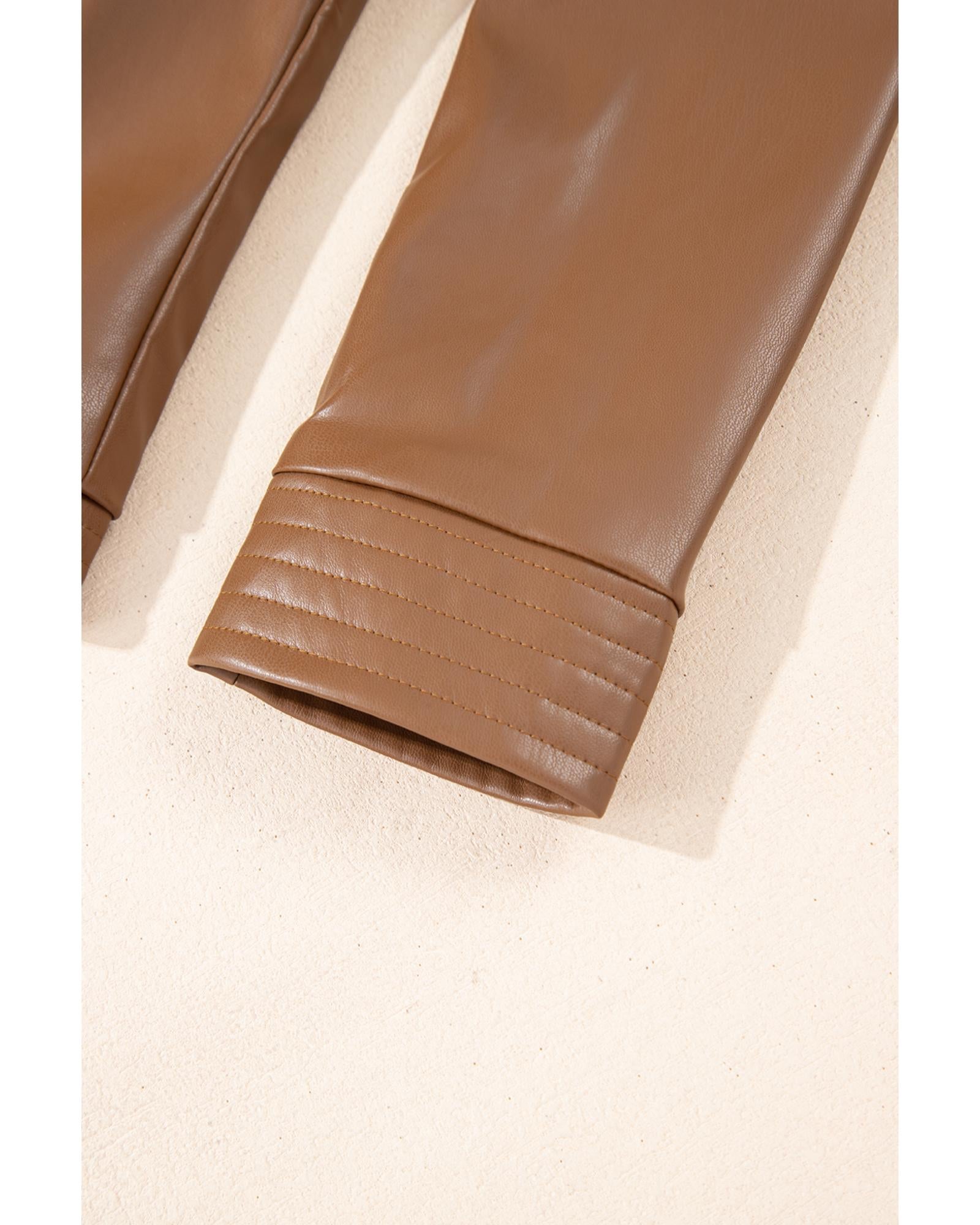 Chestnut Solid Faux Leather Zipper Slim Fit Bomber Jacket - S 7