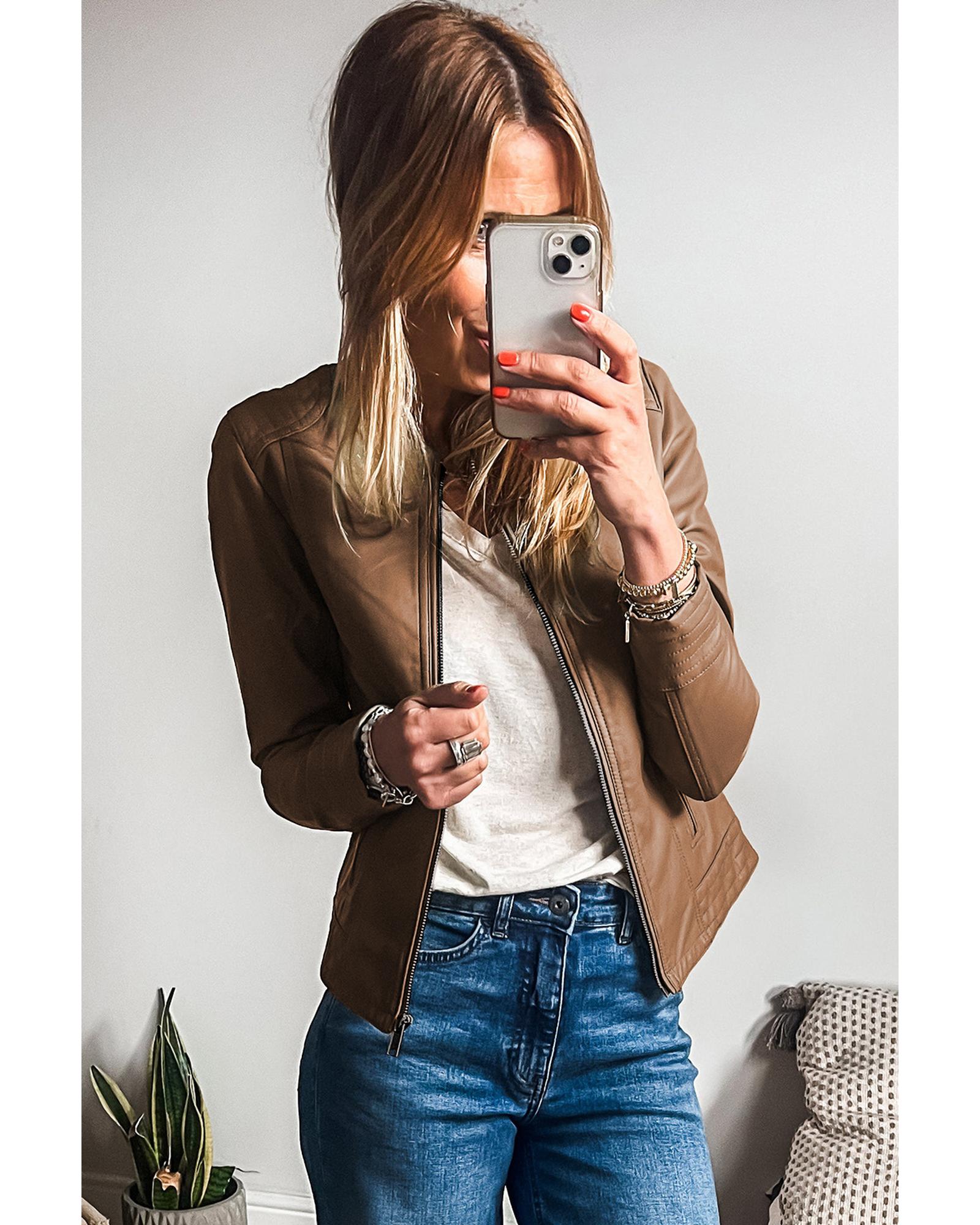 Chestnut Solid Faux Leather Zipper Slim Fit Bomber Jacket - XL 4