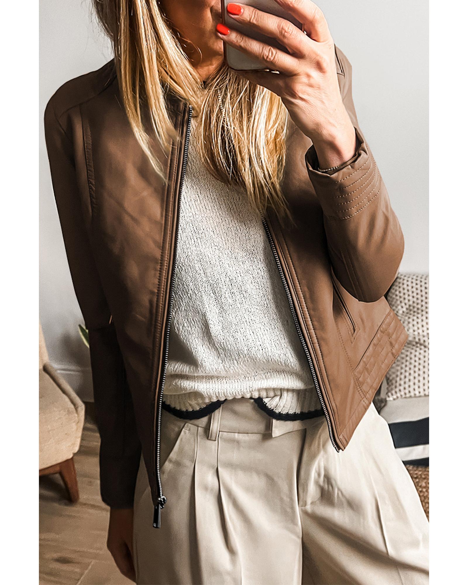 Chestnut Solid Faux Leather Zipper Slim Fit Bomber Jacket - XL 6