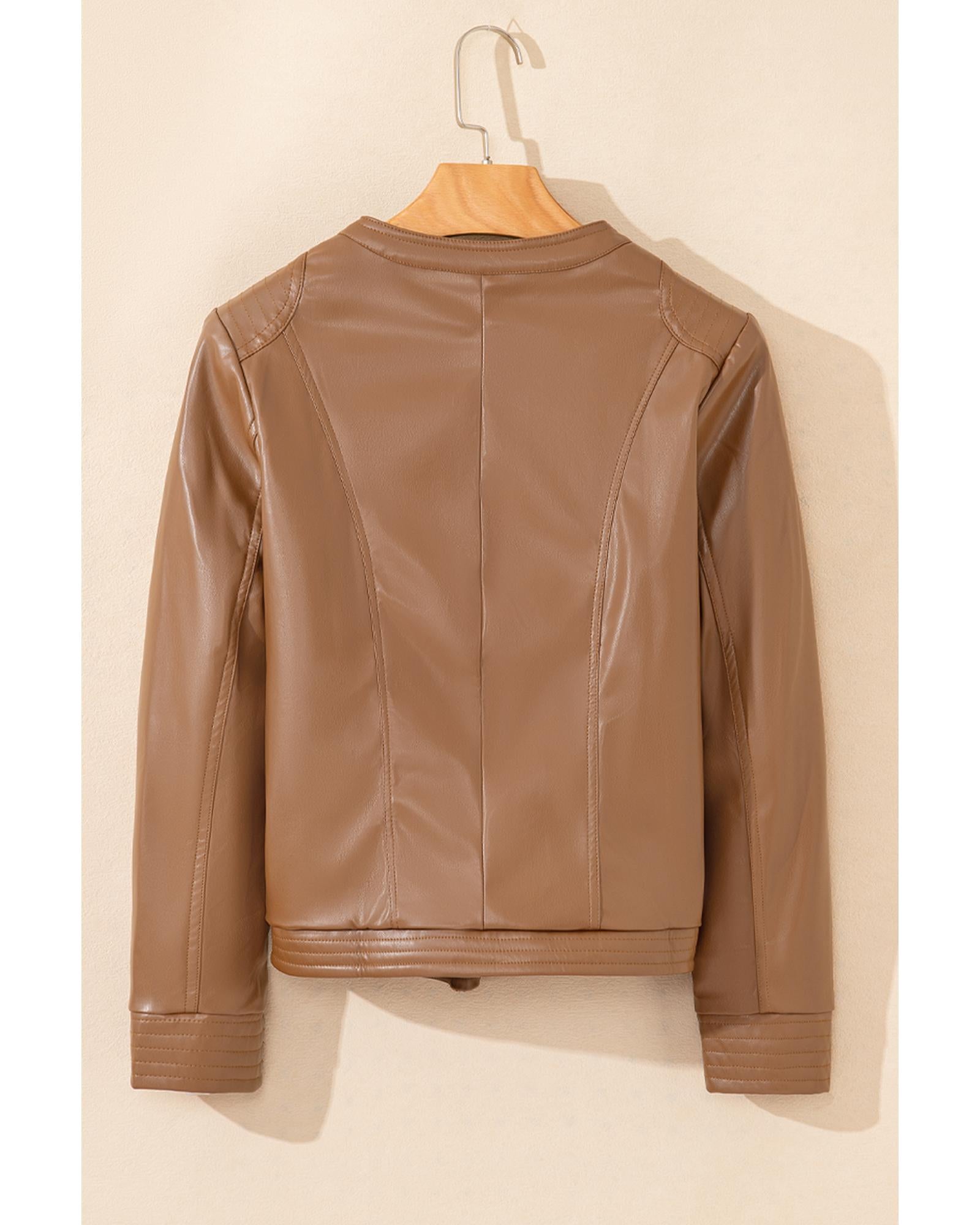 Chestnut Solid Faux Leather Zipper Slim Fit Bomber Jacket - XL 8