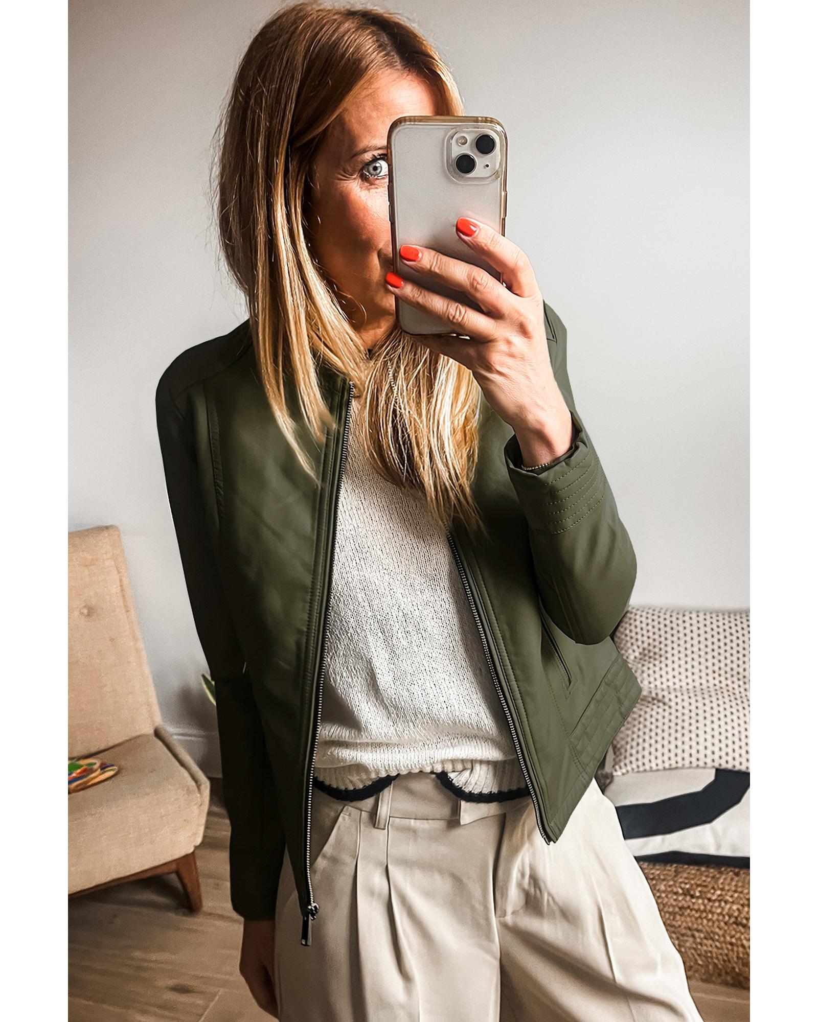 Sage Green Solid Faux Leather Zipper Slim Fit Bomber Jacket - XL
