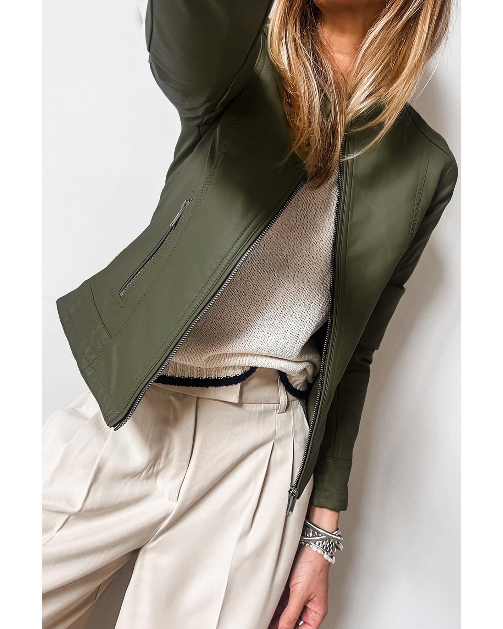 Sage Green Solid Faux Leather Zipper Slim Fit Bomber Jacket - XL 3
