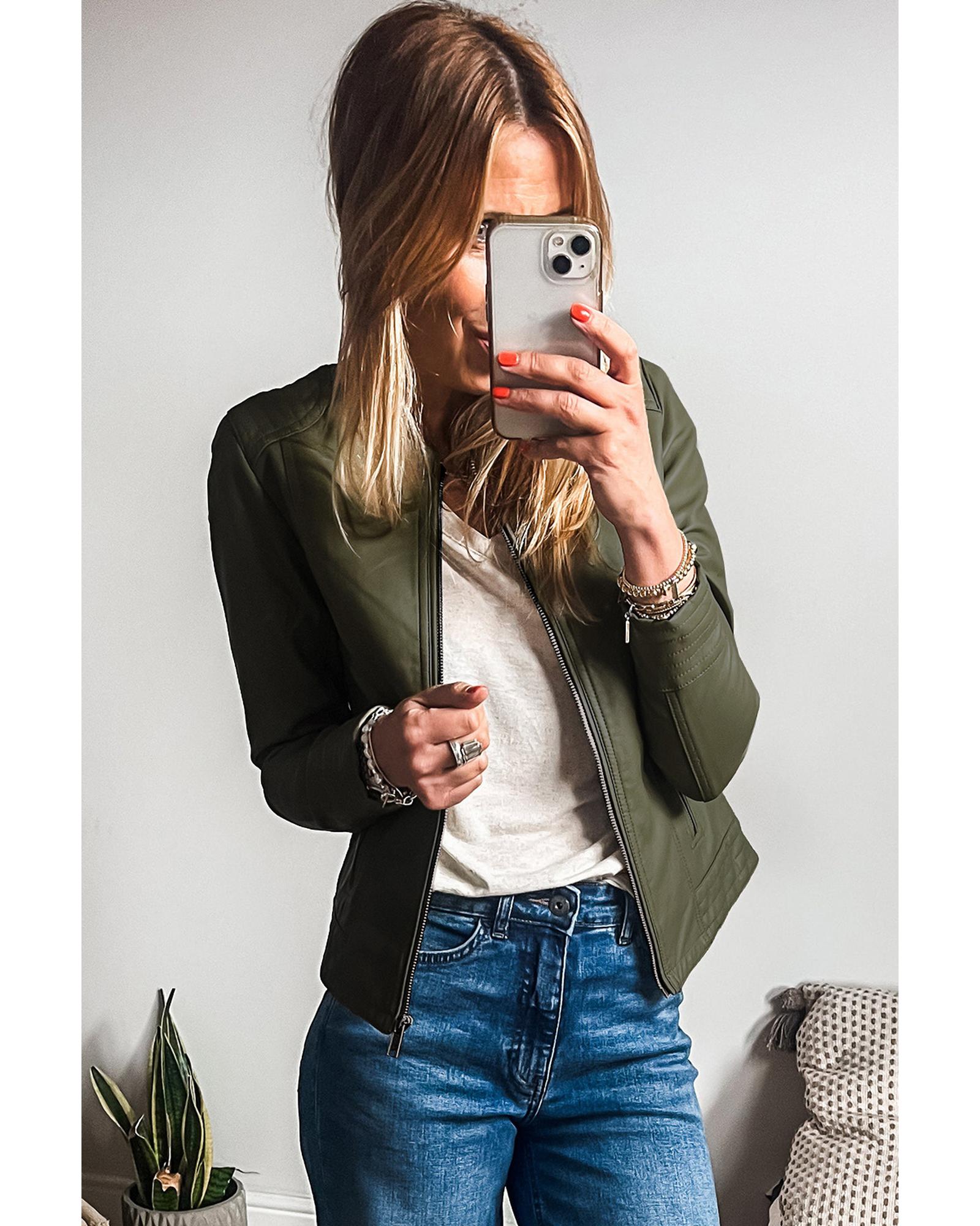 Sage Green Solid Faux Leather Zipper Slim Fit Bomber Jacket - XL 4