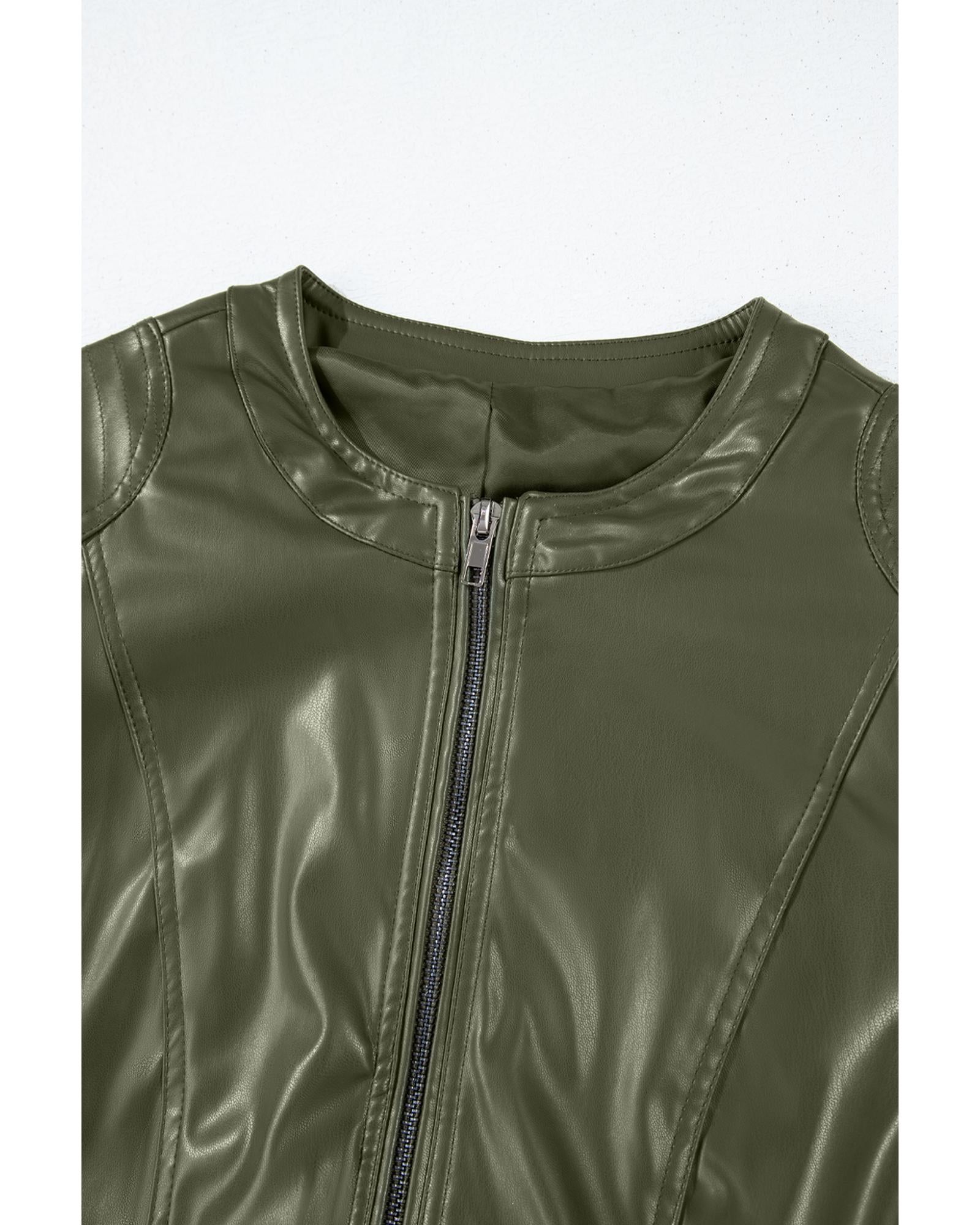 Sage Green Solid Faux Leather Zipper Slim Fit Bomber Jacket - XL 6