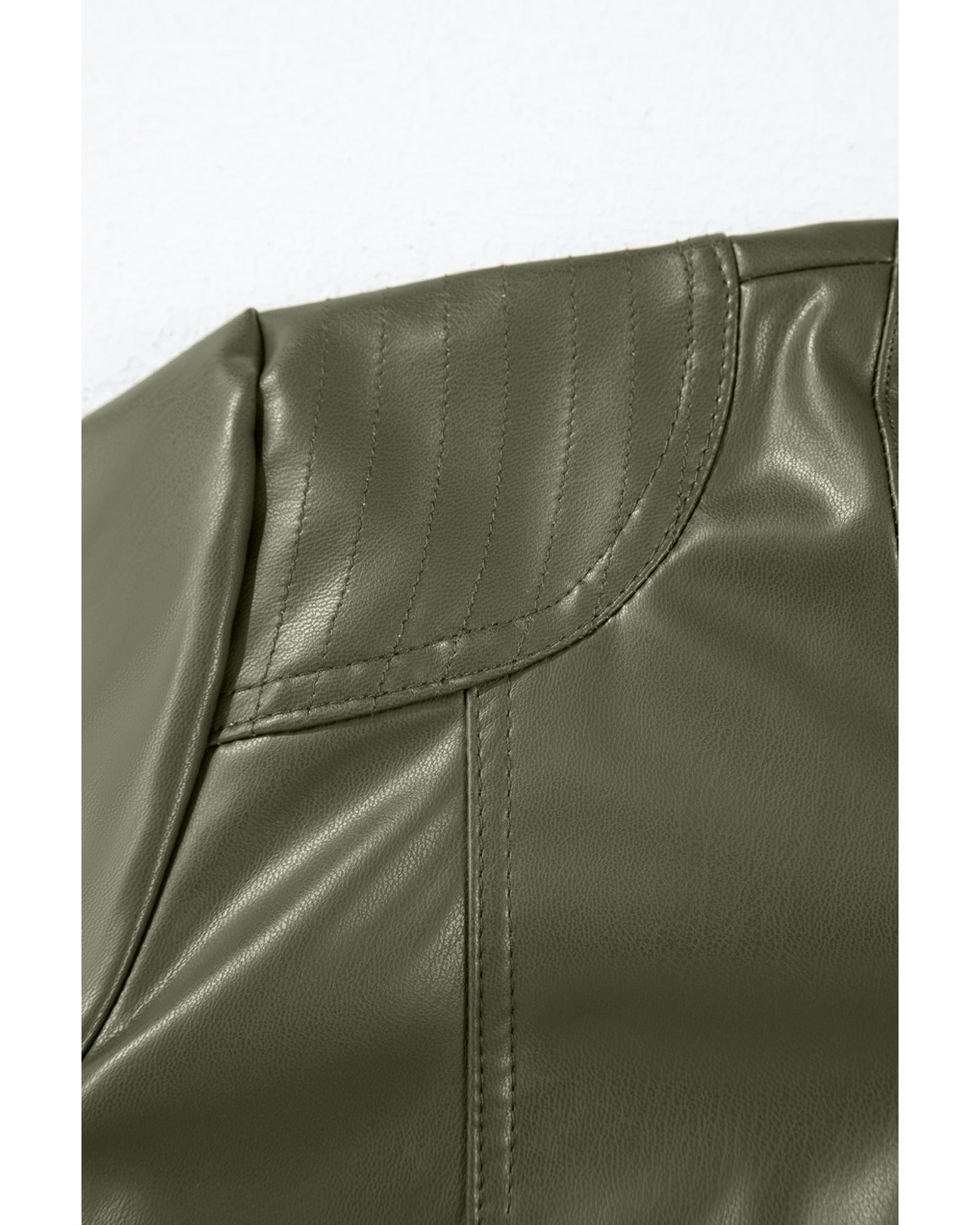 Sage Green Solid Faux Leather Zipper Slim Fit Bomber Jacket - XL 7