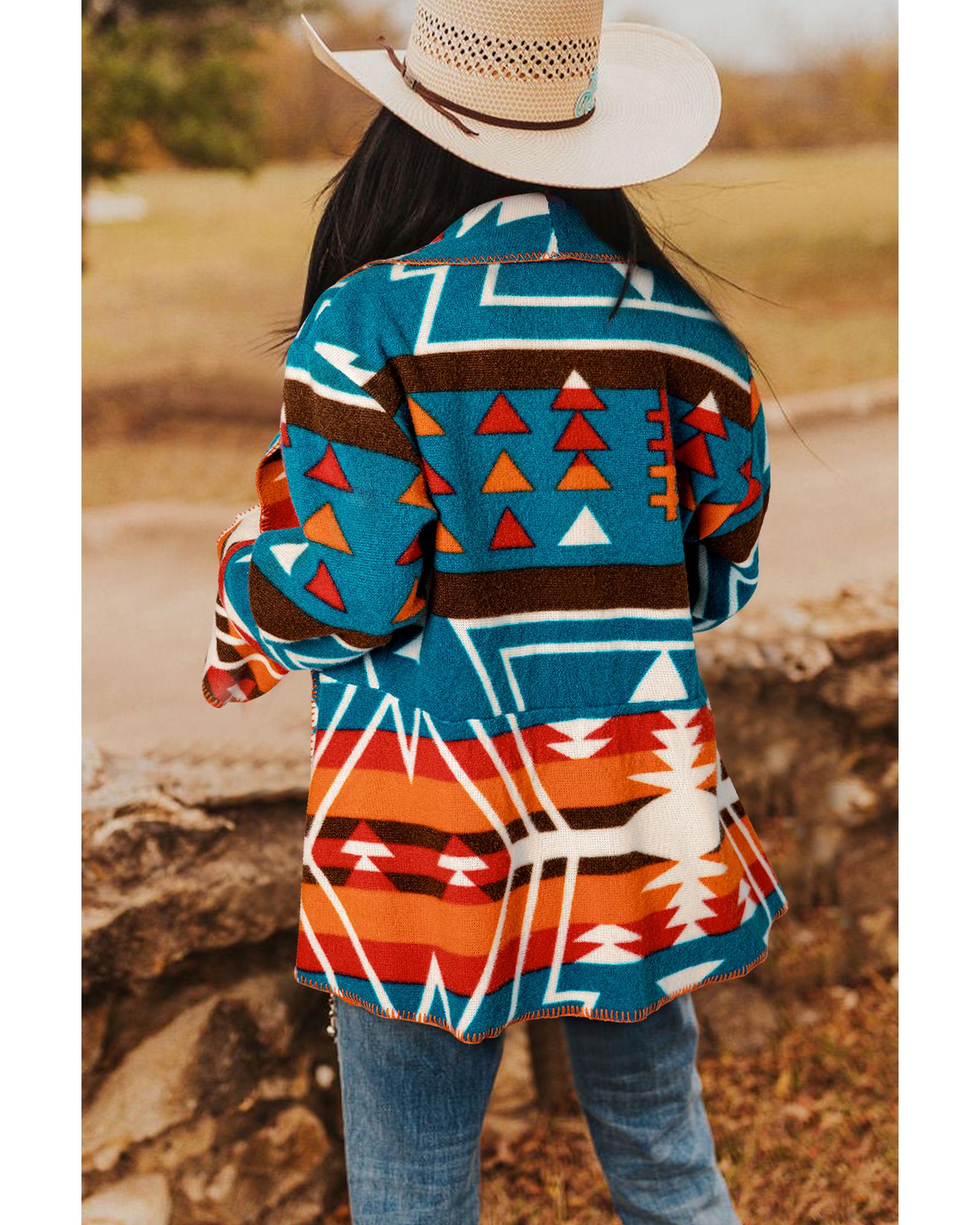 Sky Blue Aztec Printed Lapel Bell Sleeve Jacket - M 3