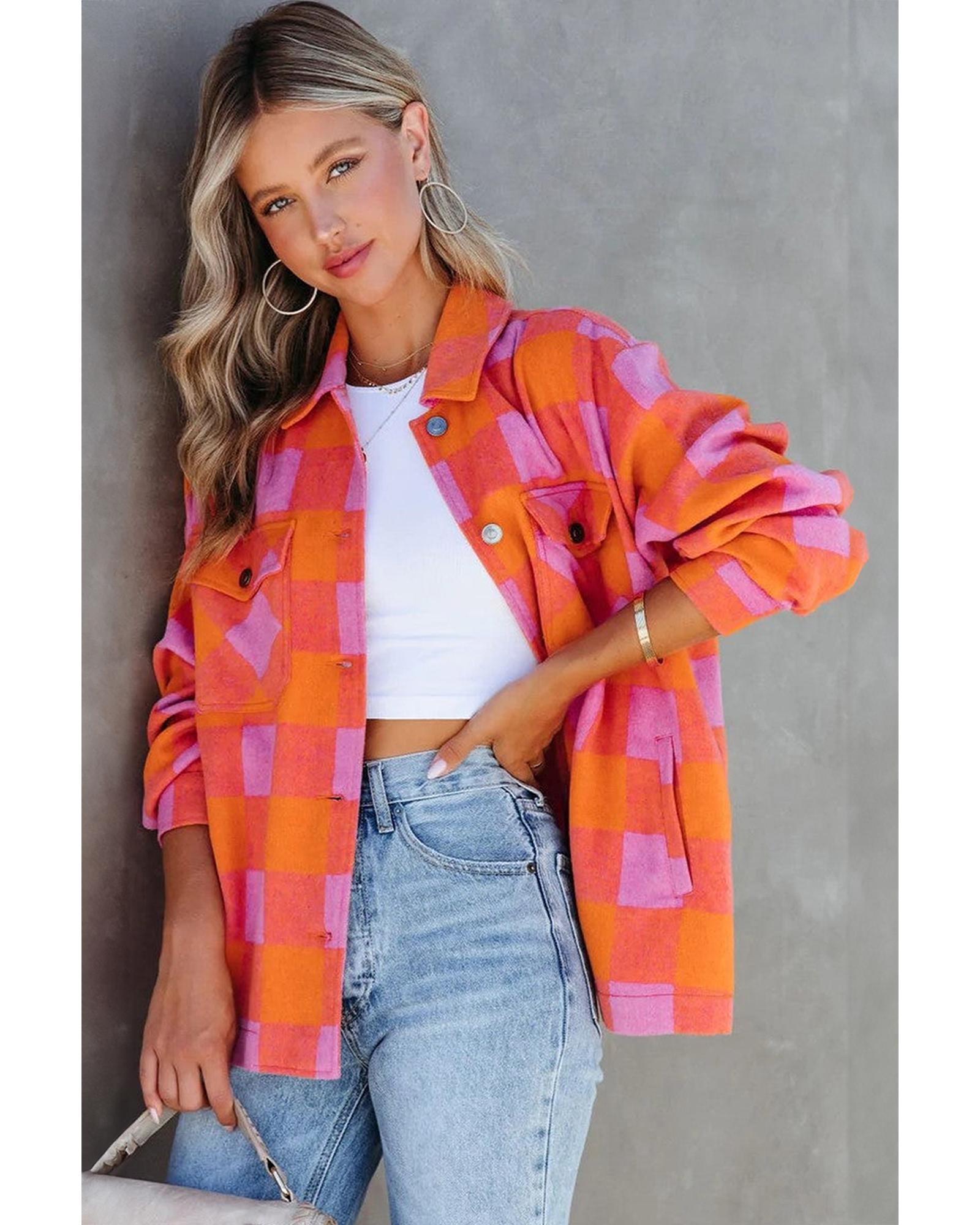 Orange Plaid Chest Pockets Button-up Turn Down Collar Jacket - S 4