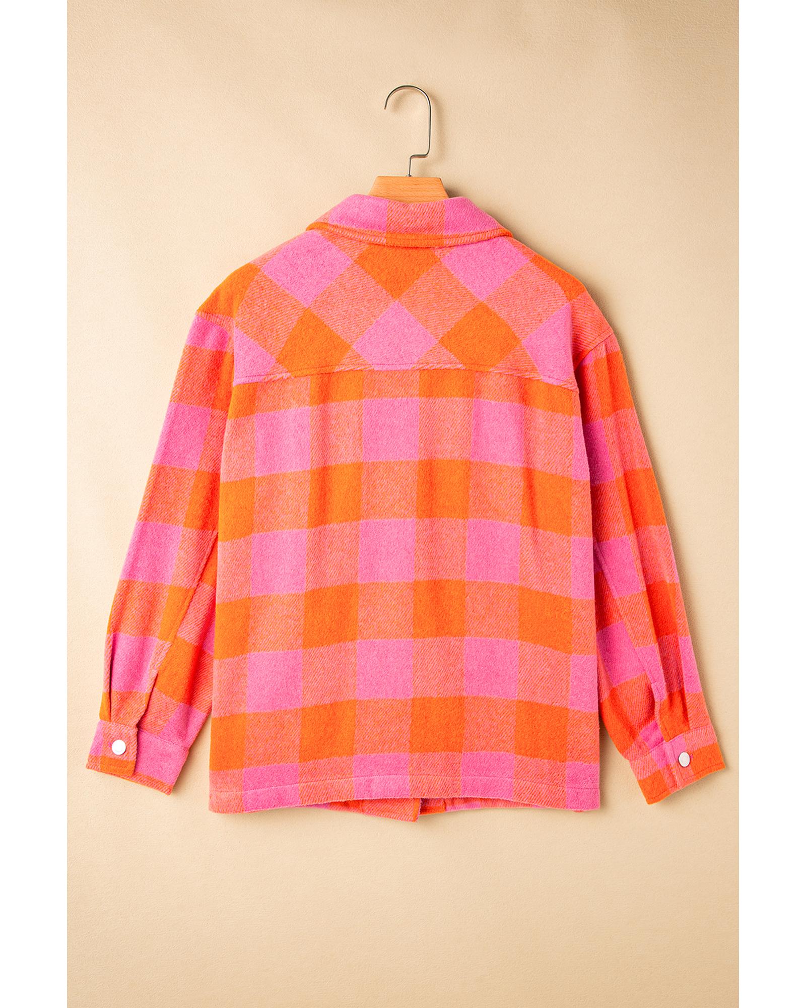 Orange Plaid Chest Pockets Button-up Turn Down Collar Jacket - S 5