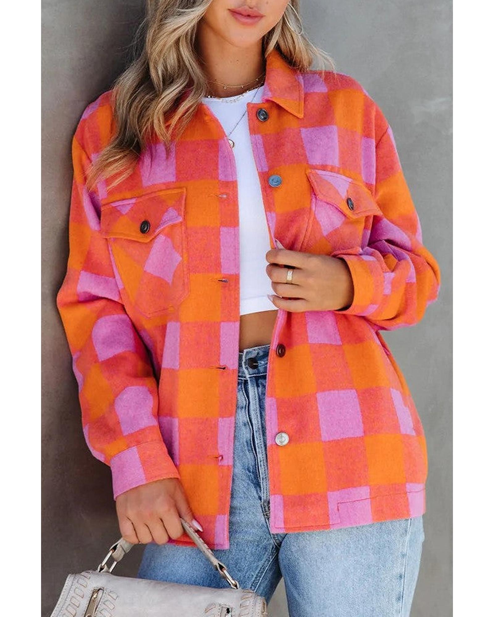 Orange Plaid Chest Pockets Button-up Turn Down Collar Jacket - XL