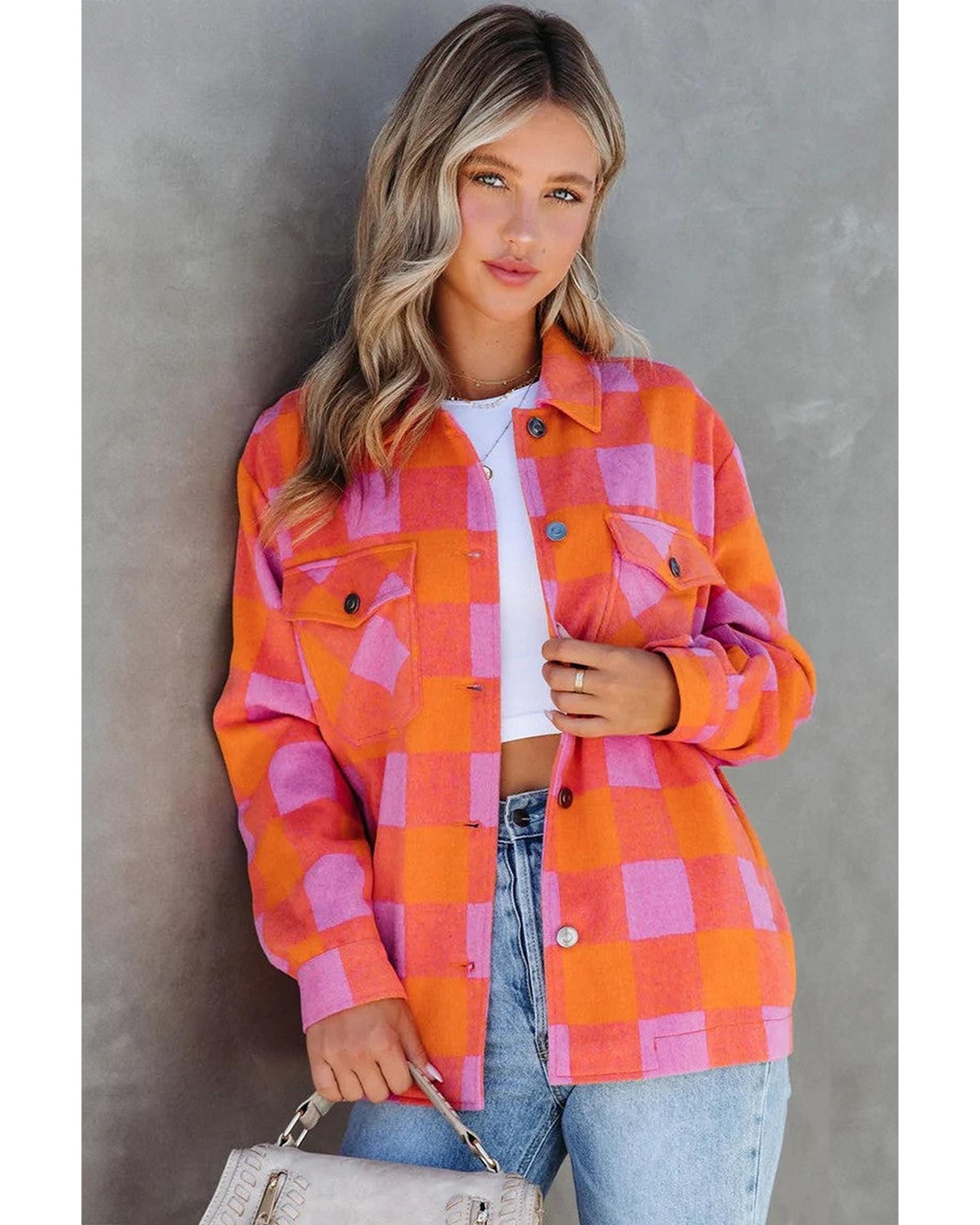 Orange Plaid Chest Pockets Button-up Turn Down Collar Jacket - XL