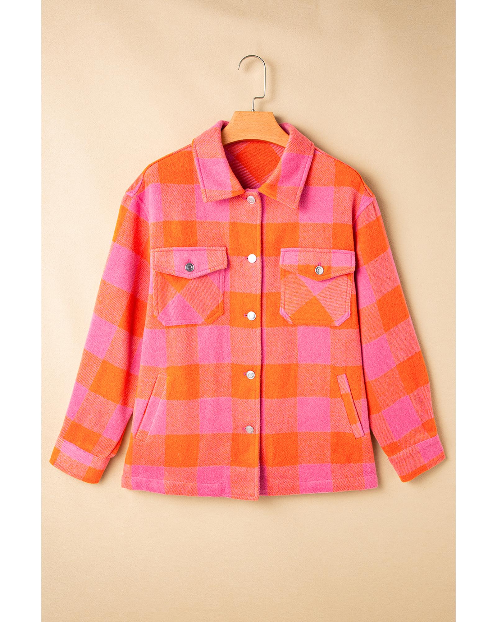 Orange Plaid Chest Pockets Button-up Turn Down Collar Jacket - XL 3