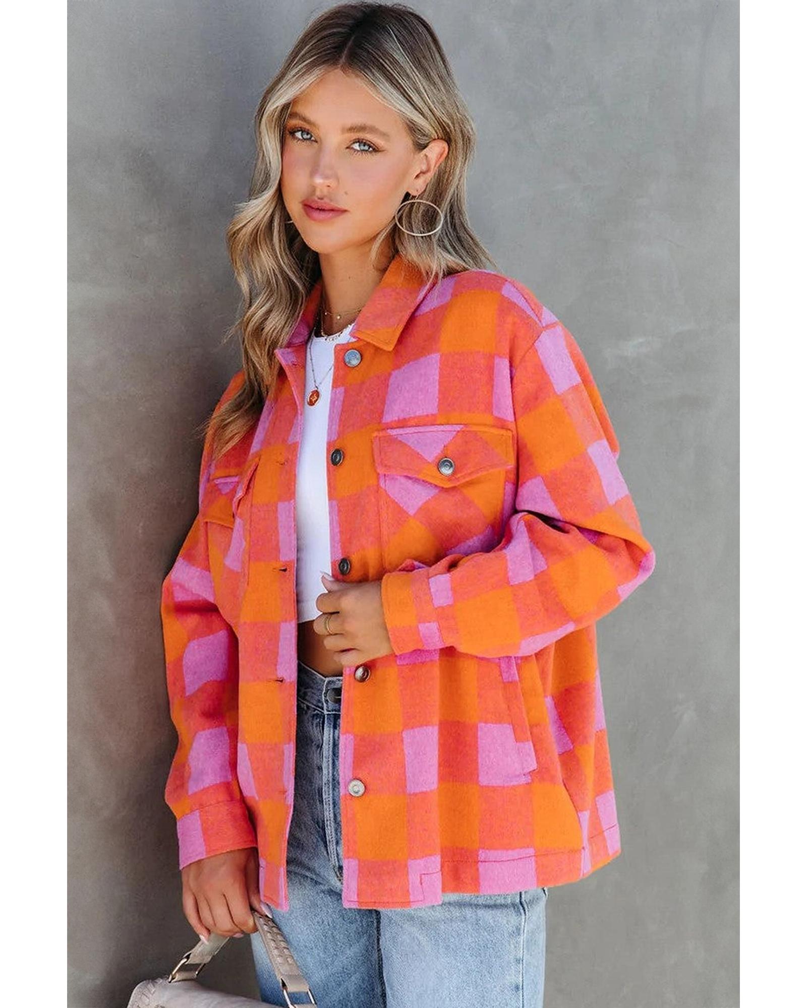 Orange Plaid Chest Pockets Button-up Turn Down Collar Jacket - XL 7