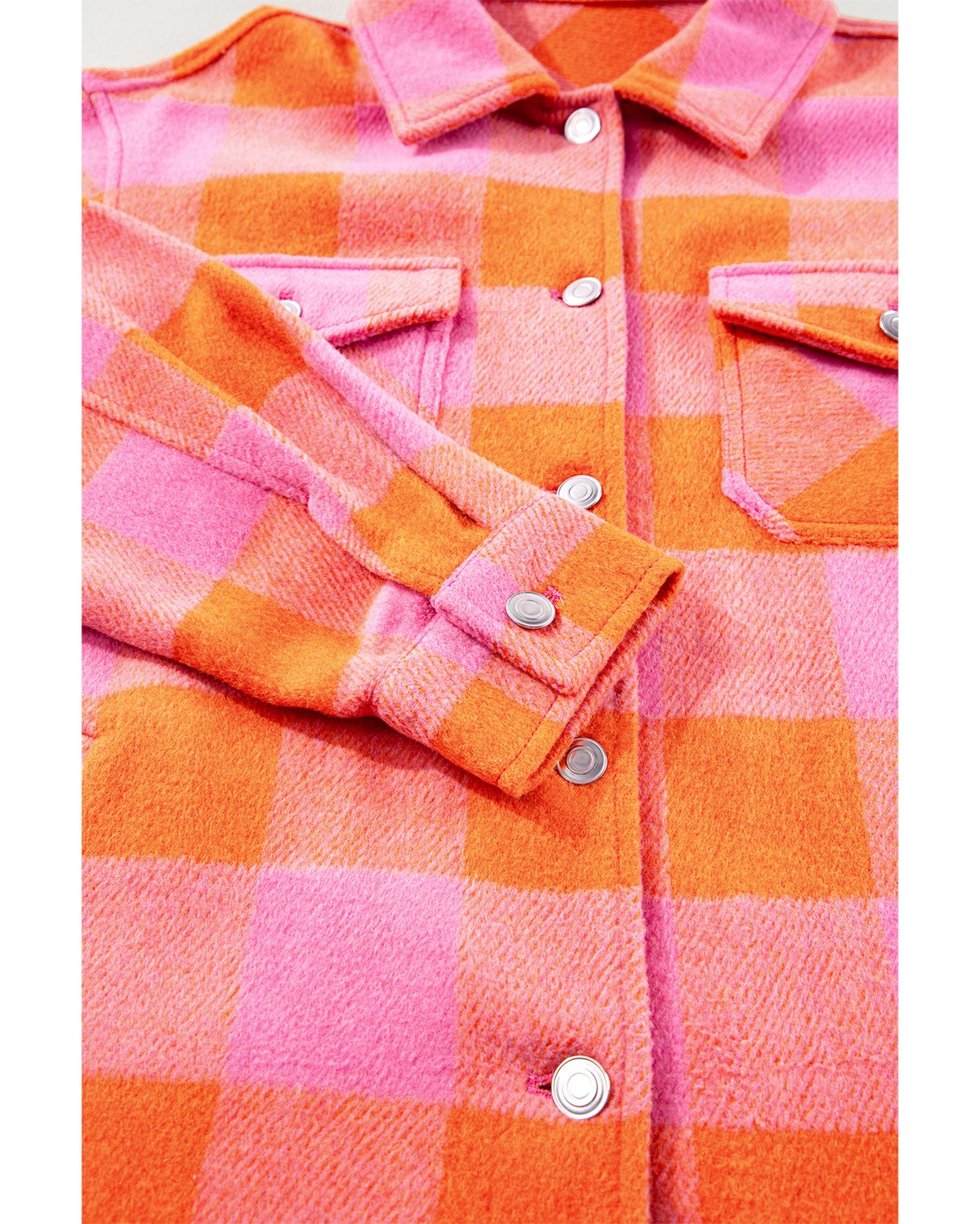 Orange Plaid Chest Pockets Button-up Turn Down Collar Jacket - XL 8