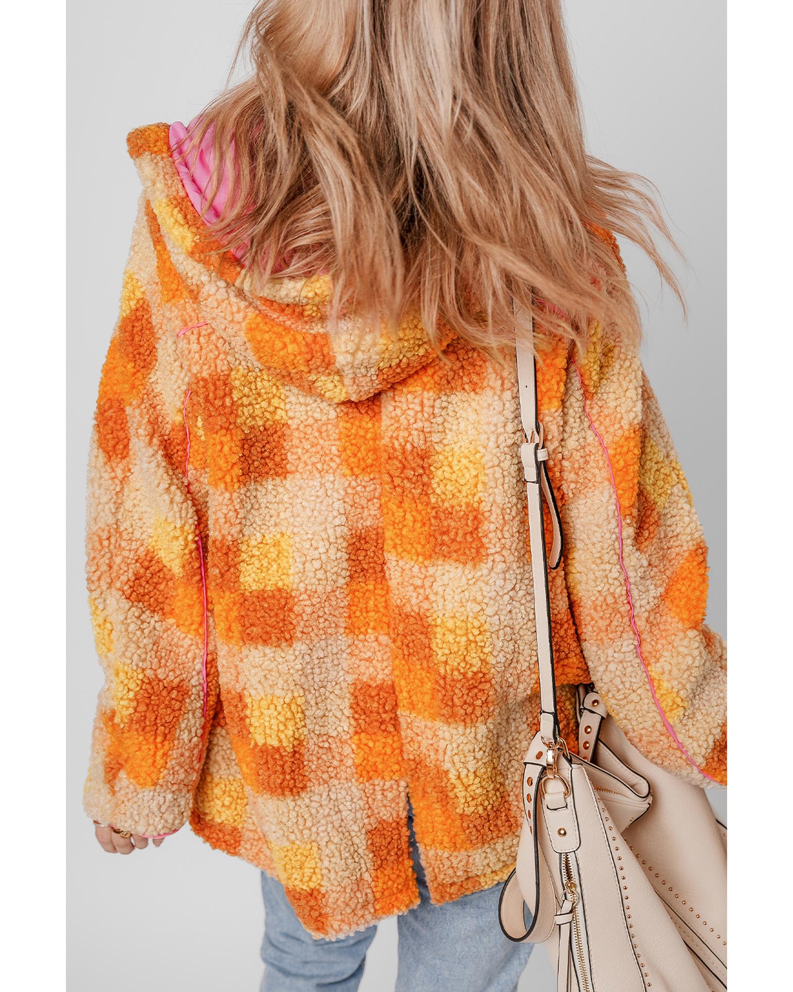 Orange Checkered Sherpa Hooded Jacket - S