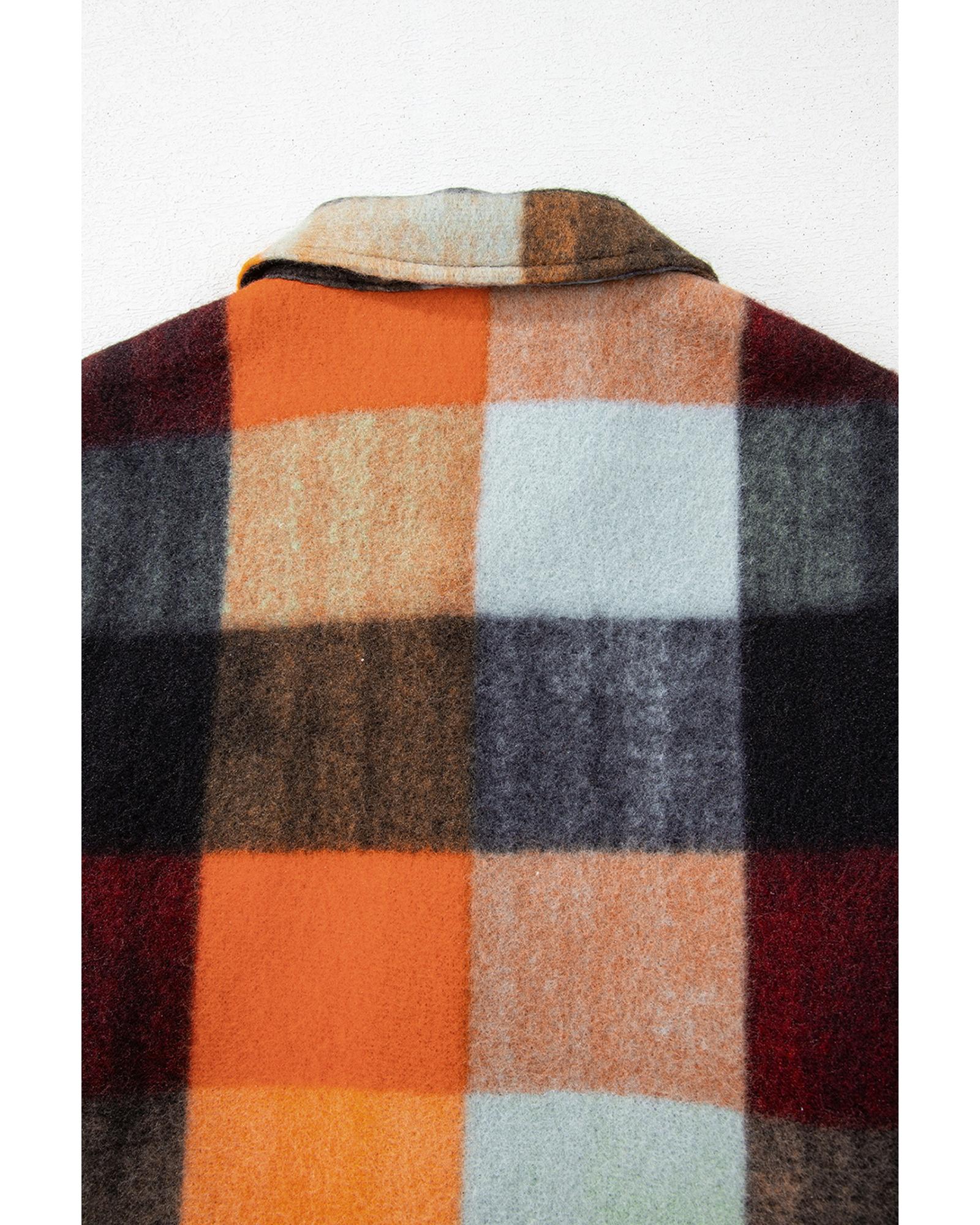 Orange Plaid Print Flap Pocket Long Jacket - S 4