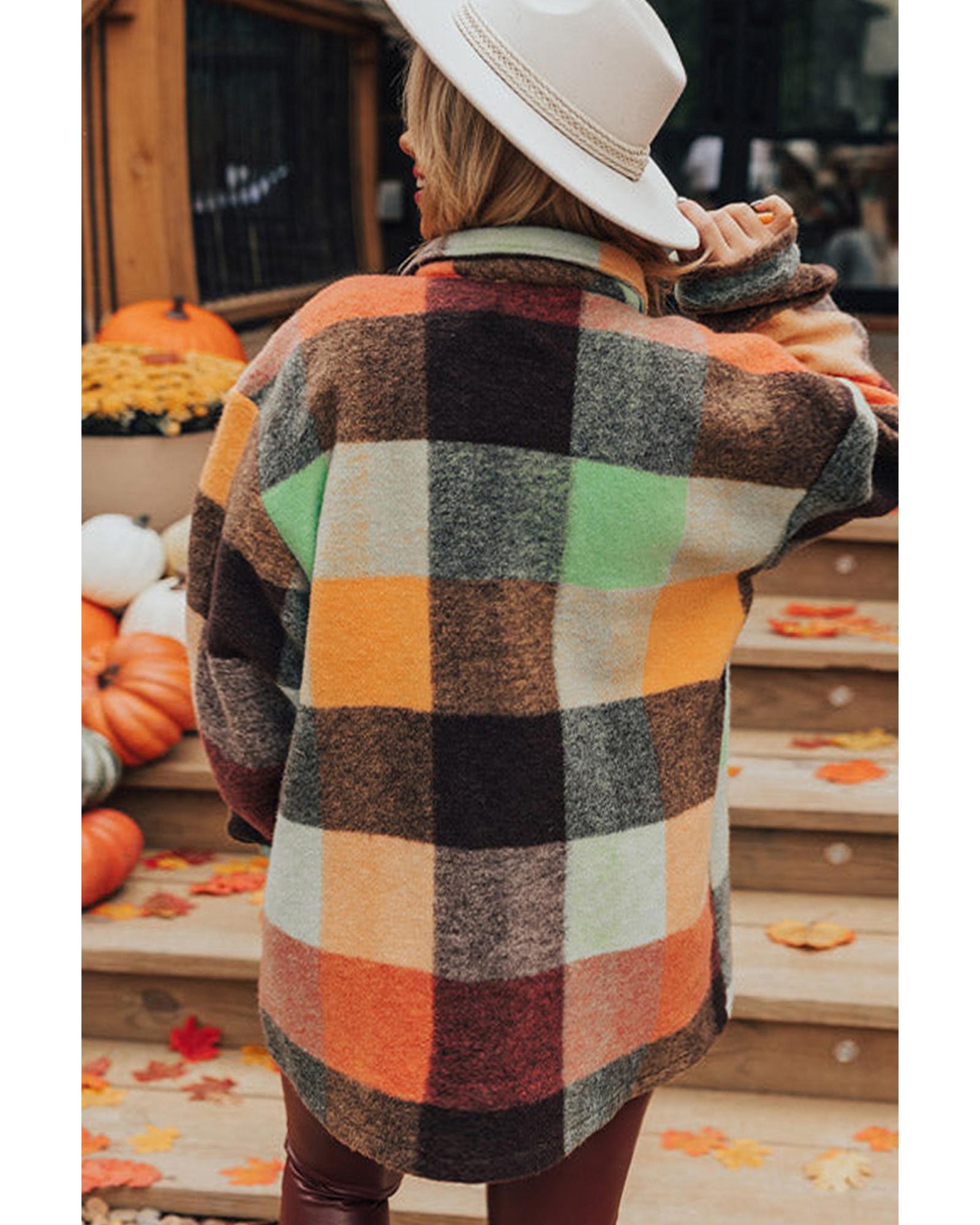 Orange Plaid Print Flap Pocket Long Jacket - XL 3