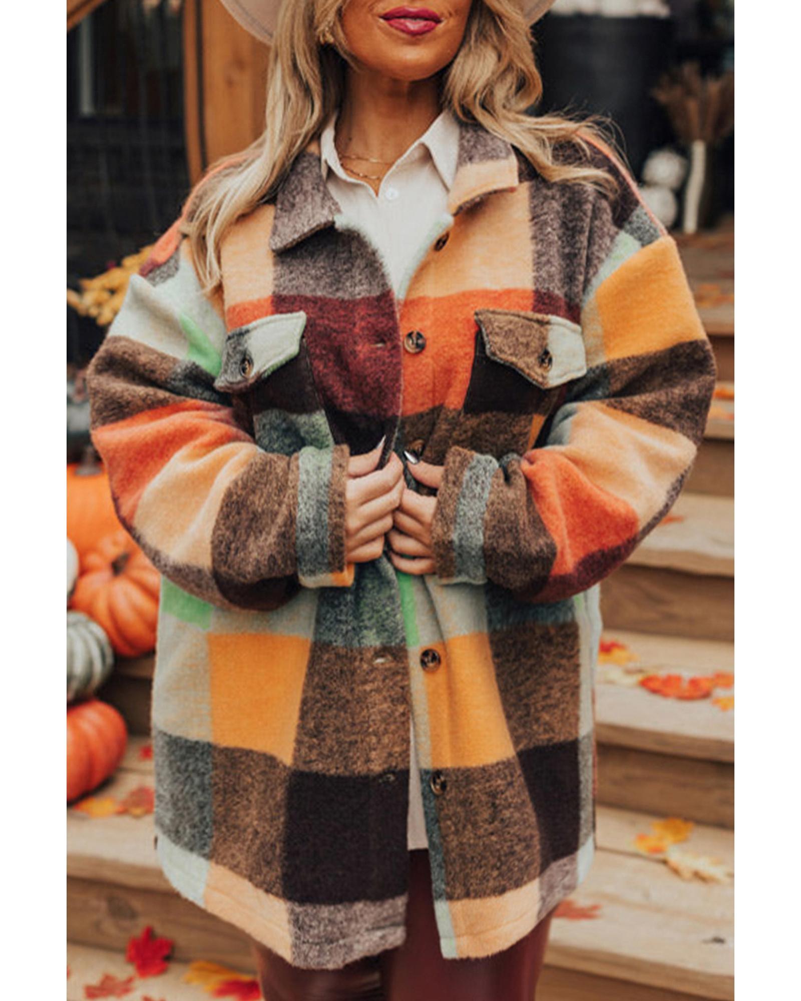 Orange Plaid Print Flap Pocket Long Jacket - XL 7