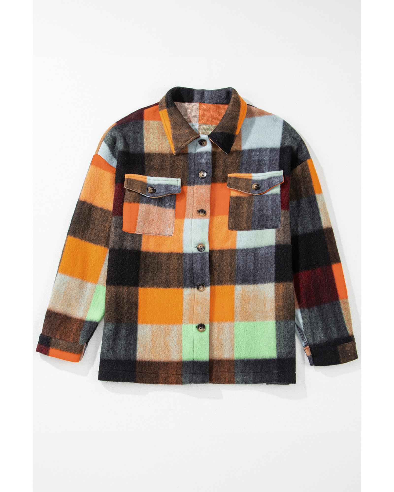 Orange Plaid Print Flap Pocket Long Jacket - XL 8
