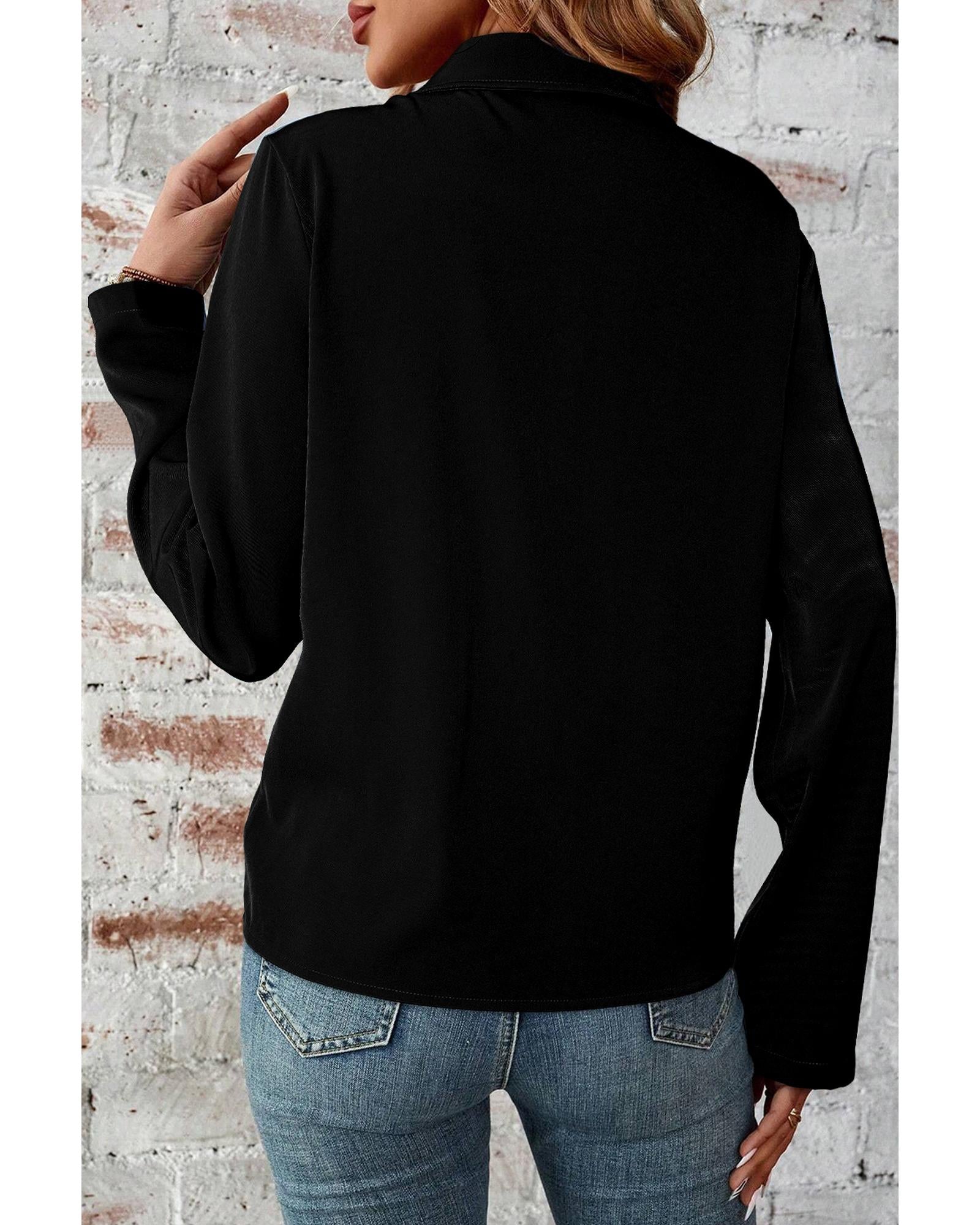 Black Collar Tab Sleeve Zip Up Flap Detail Jacket - L