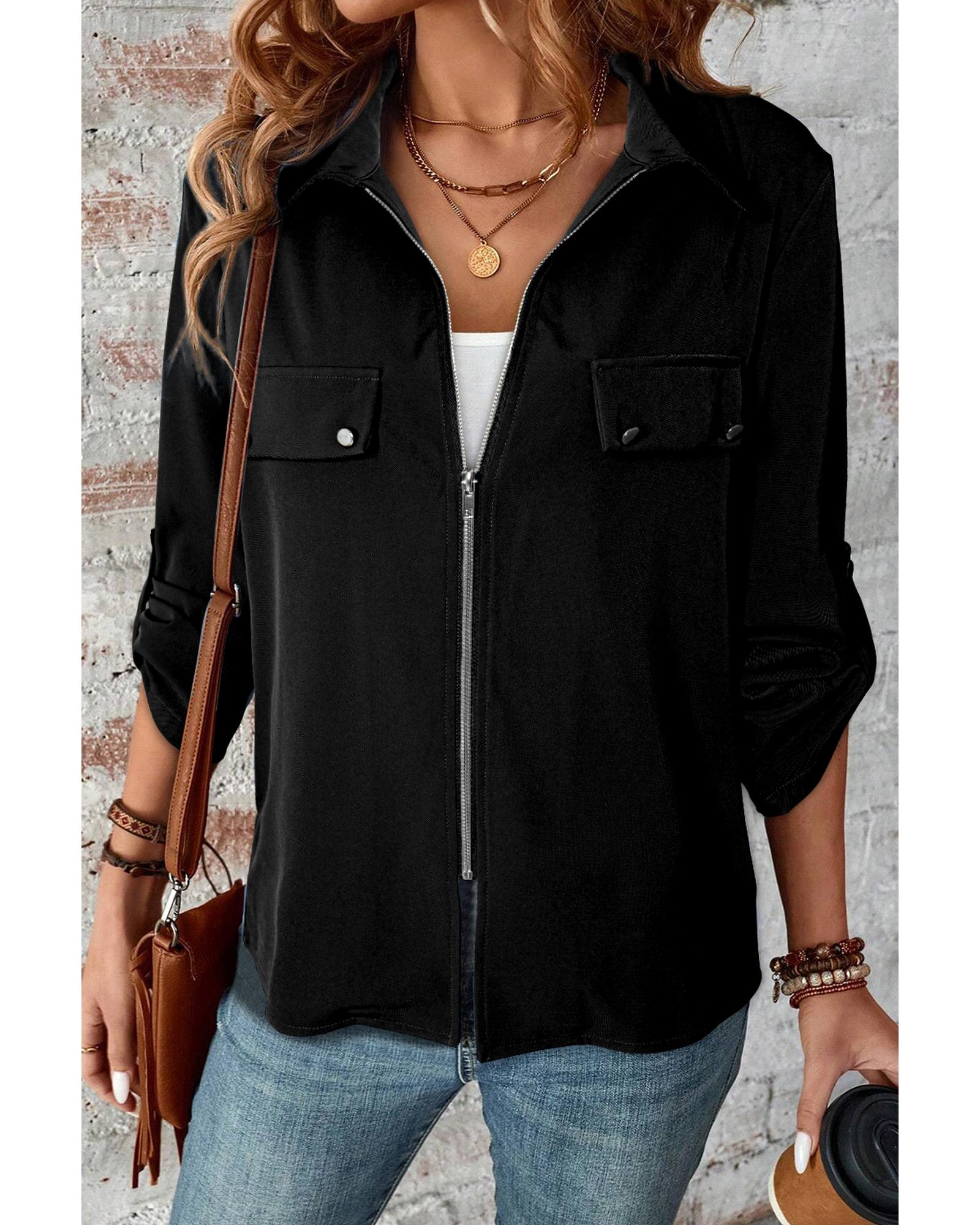 Black Collar Tab Sleeve Zip Up Flap Detail Jacket - XL