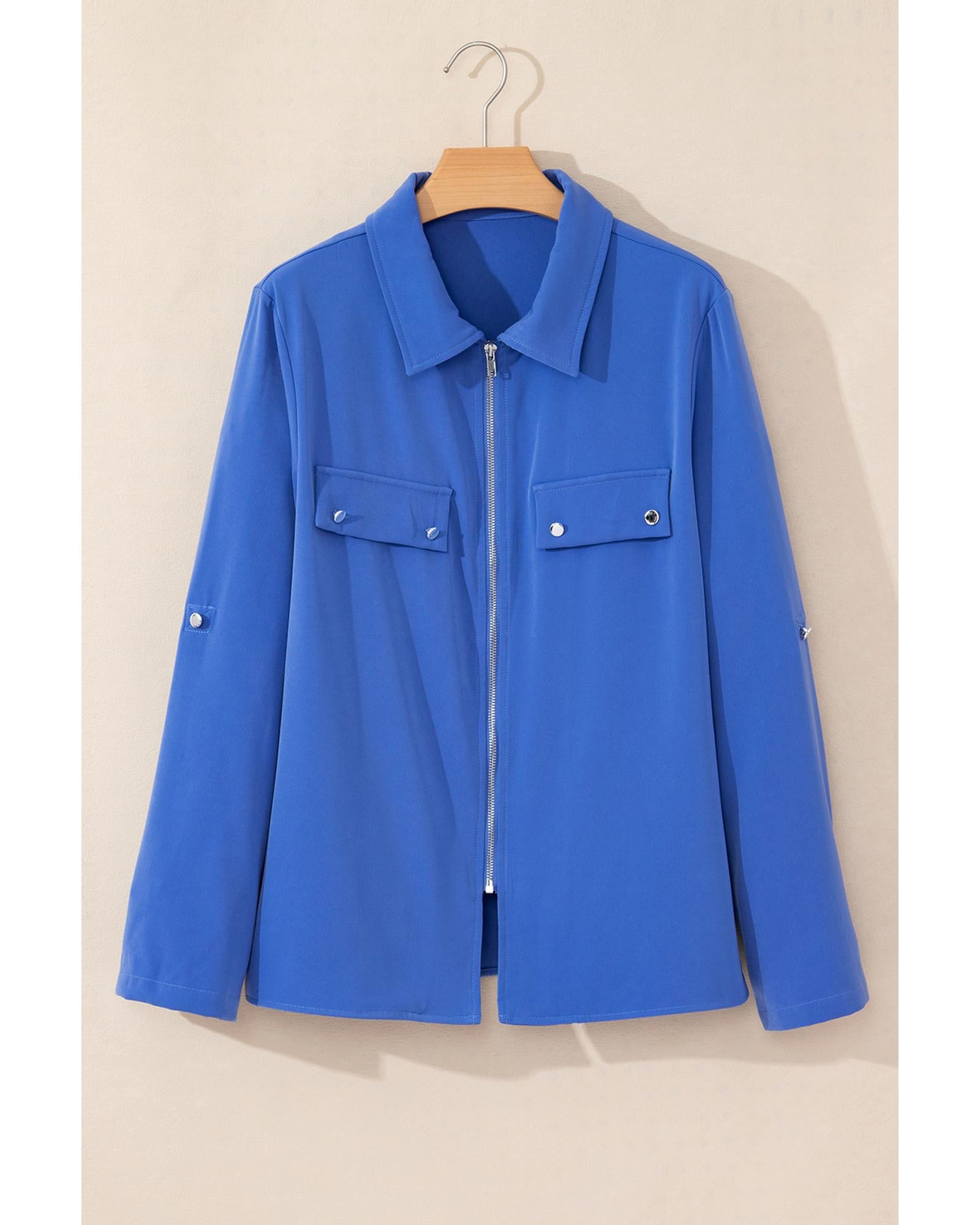 Dusk Blue Collar Tab Sleeve Zip Up Flap Detail Jacket - M 7