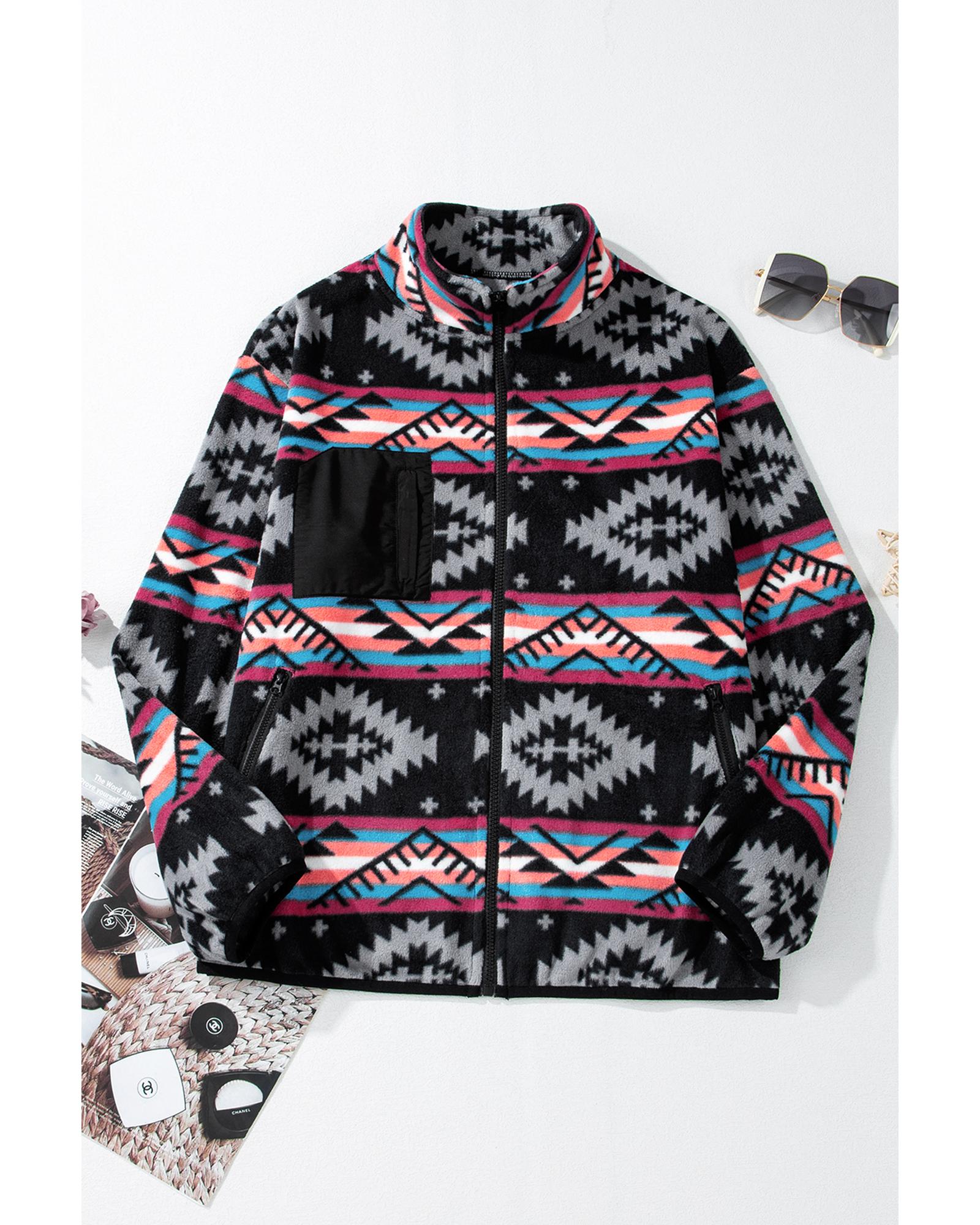 Black Aztec Printed Zip Up Collar Jacket - M