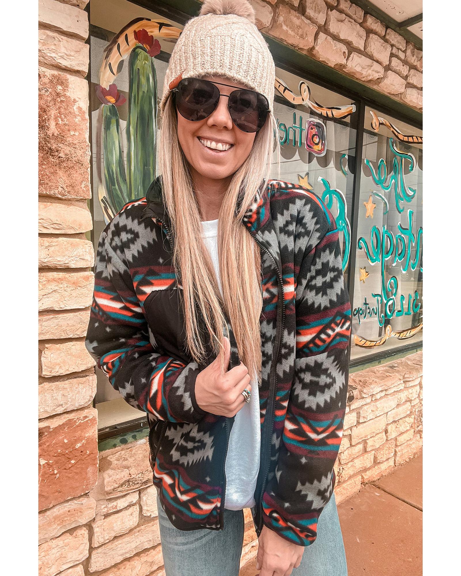 Black Aztec Printed Zip Up Collar Jacket - S