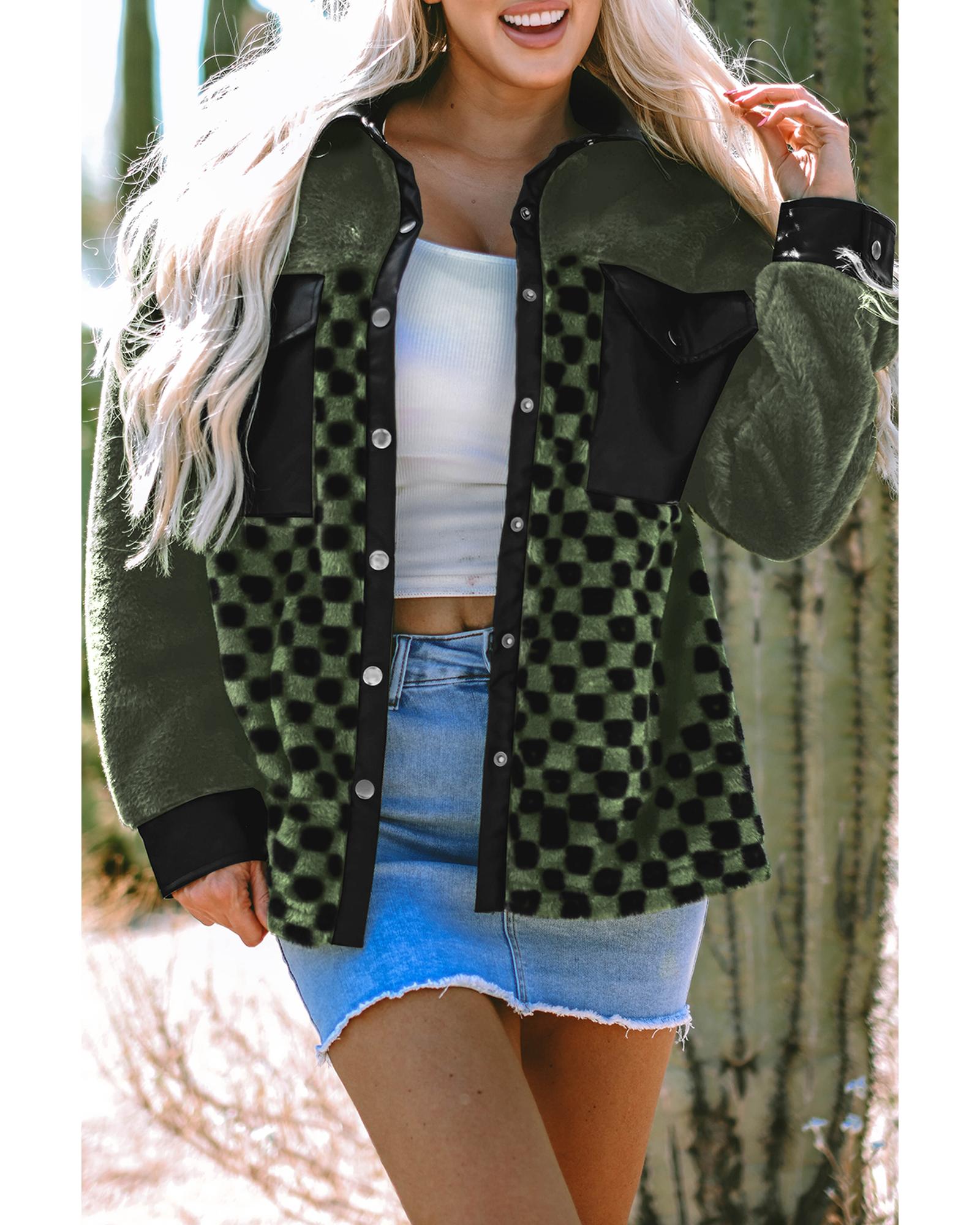 Vineyard Green Fleece Checkerboard Flap Pocket Snap Button Jacket - 2XL 7