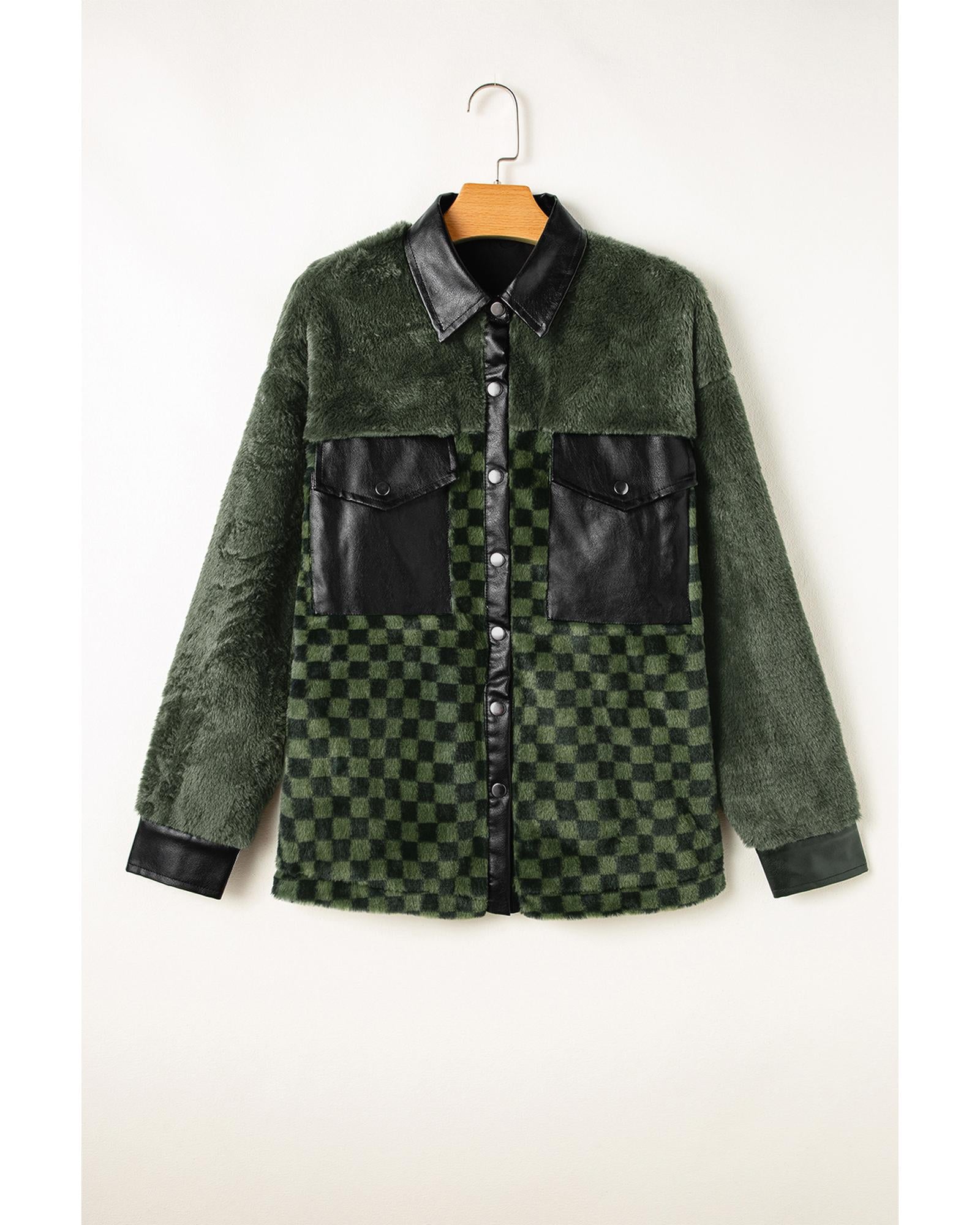 Vineyard Green Fleece Checkerboard Flap Pocket Snap Button Jacket - 2XL 8