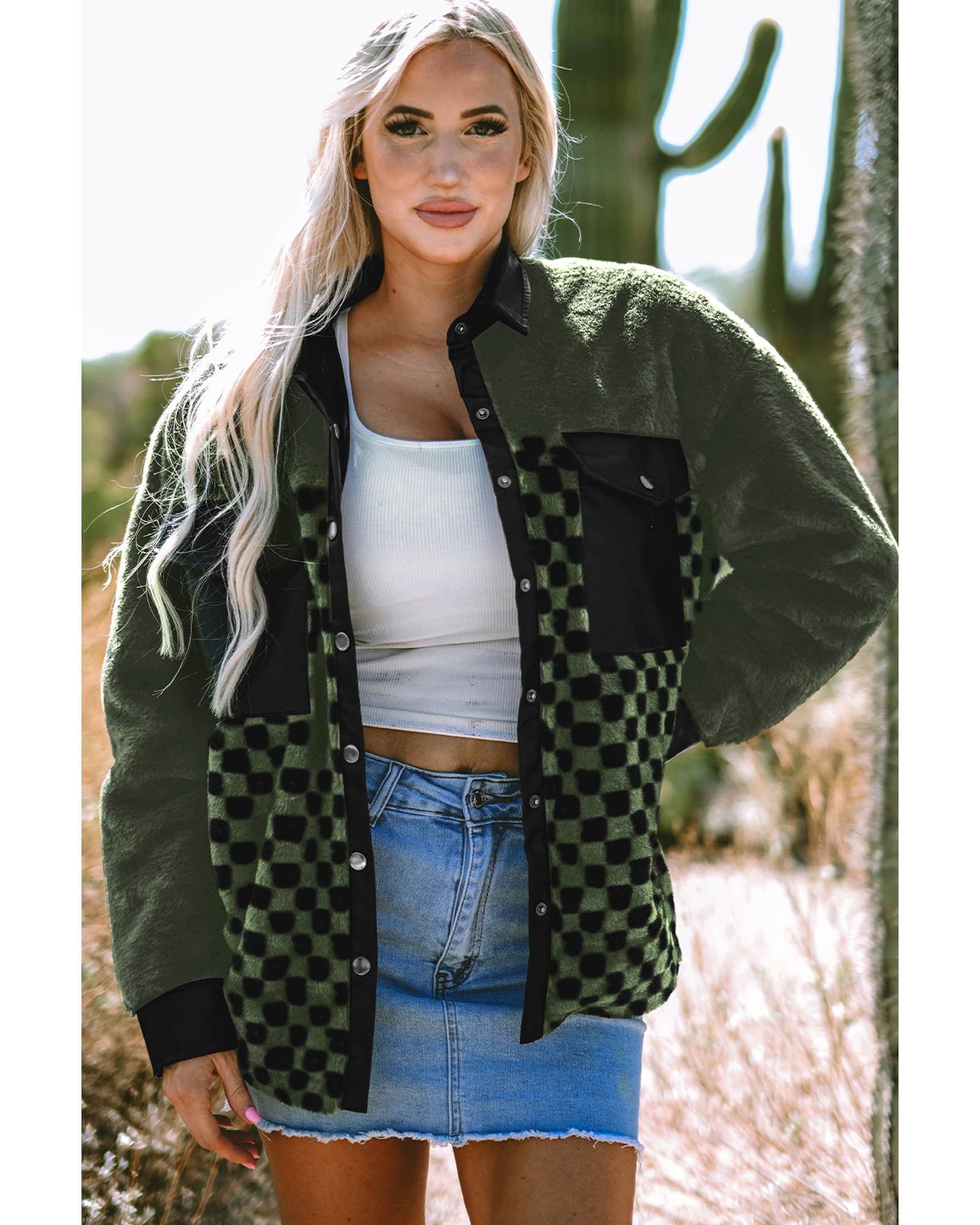 Vineyard Green Fleece Checkerboard Flap Pocket Snap Button Jacket - XL