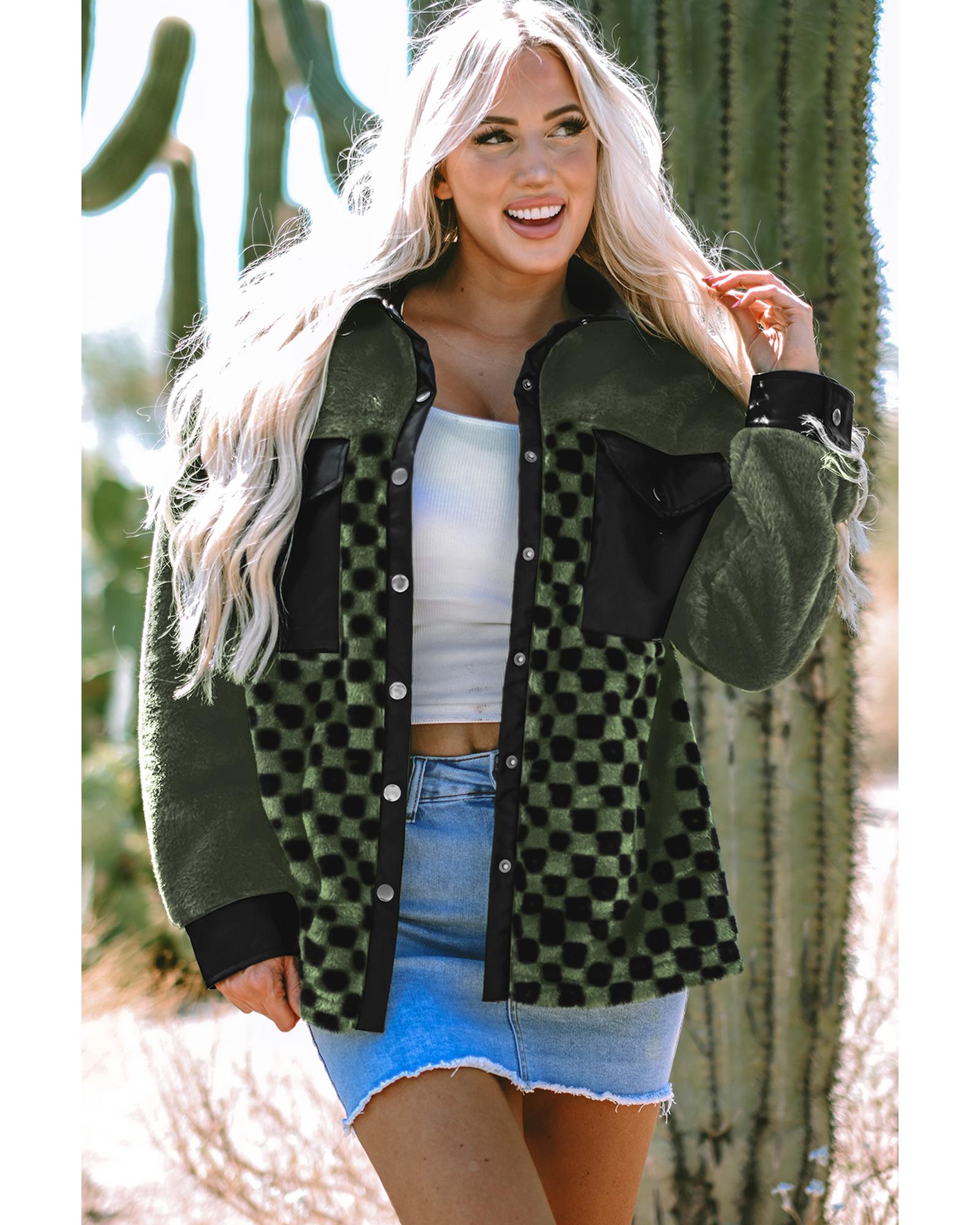 Vineyard Green Fleece Checkerboard Flap Pocket Snap Button Jacket - XL 6