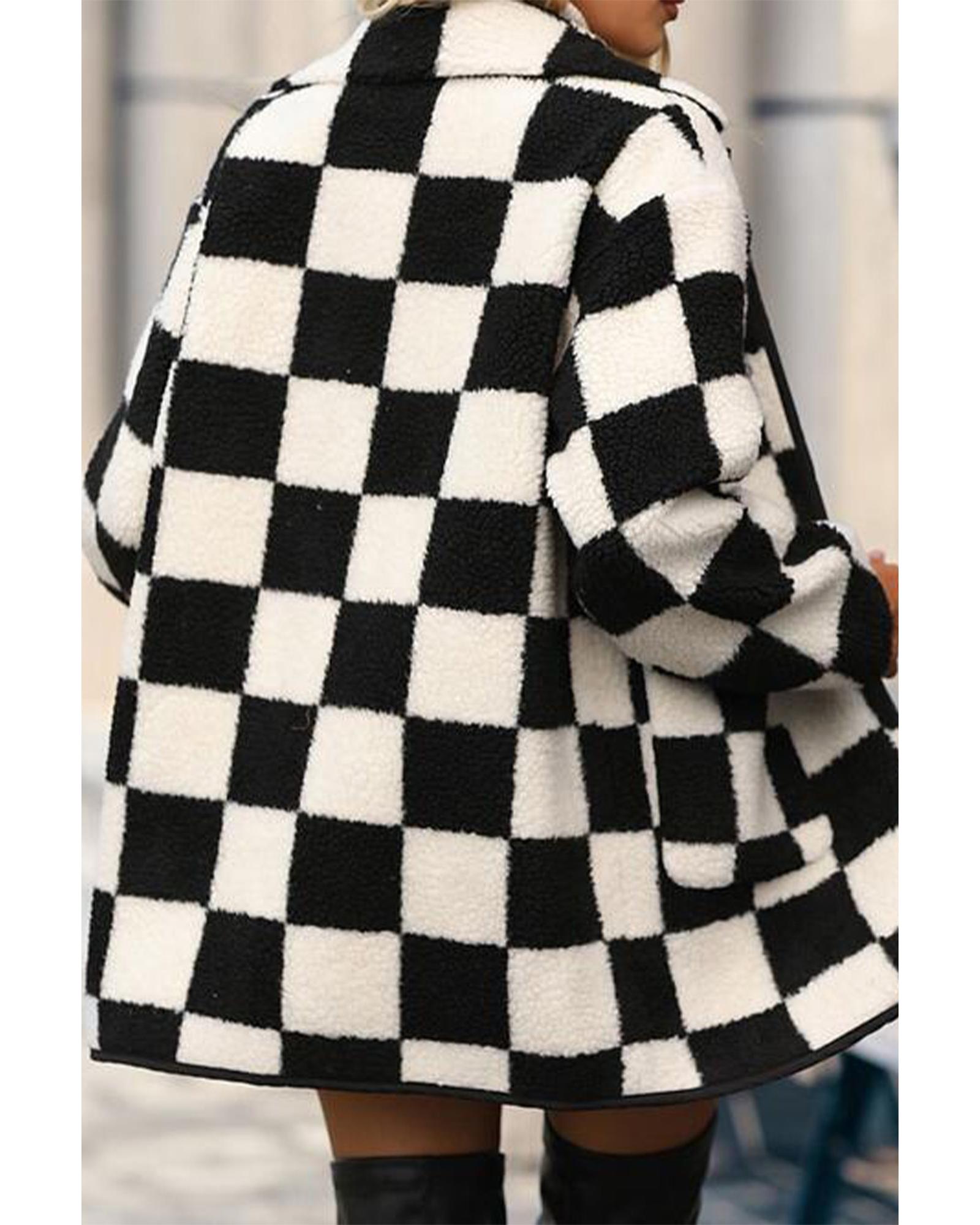 Black Checkered Side Pockets Collared Buttoned Fleece Jacket - XL