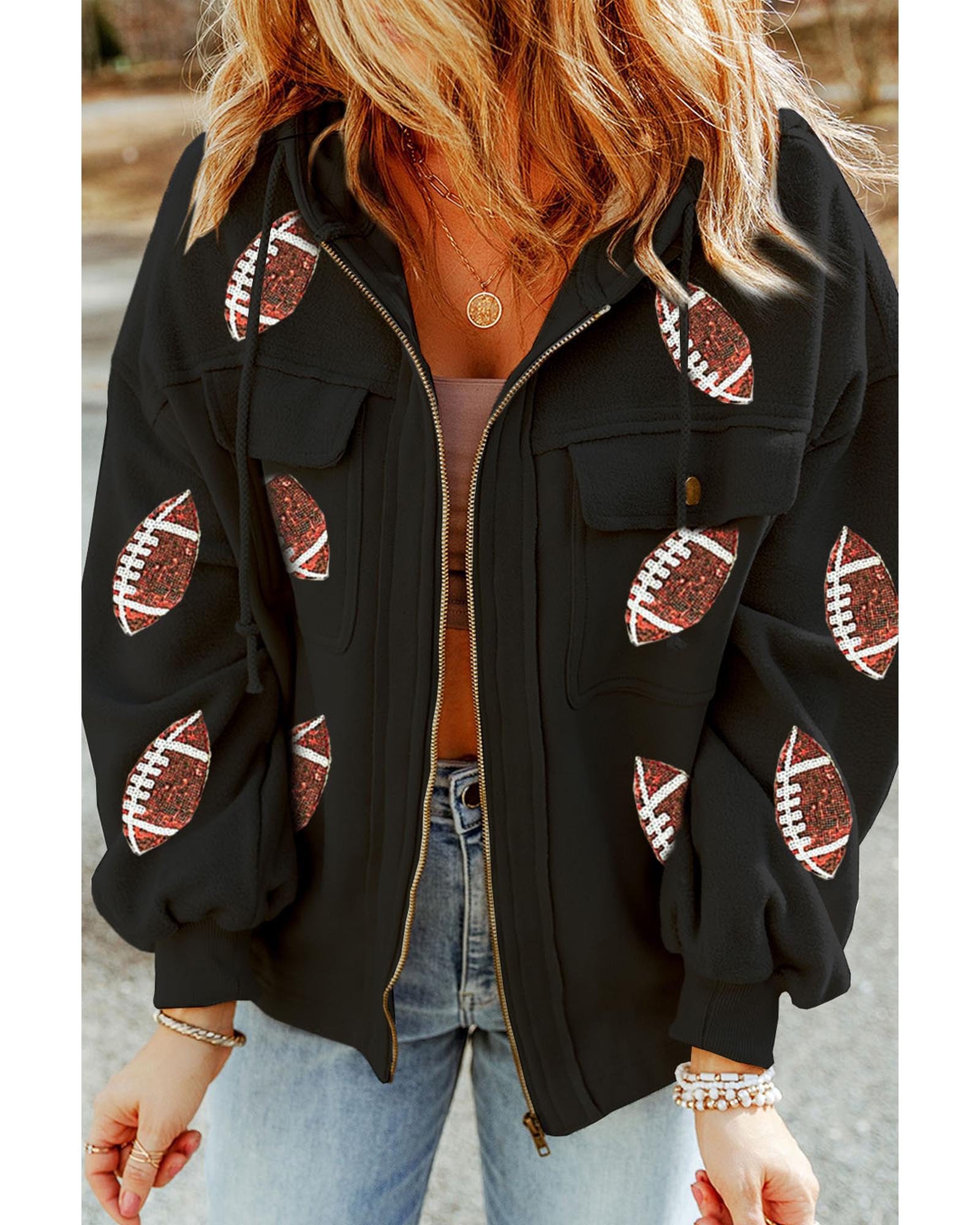 Black Sequined Rugby Football Pattern Pocketed Zipper Hooded Jacket - S 3