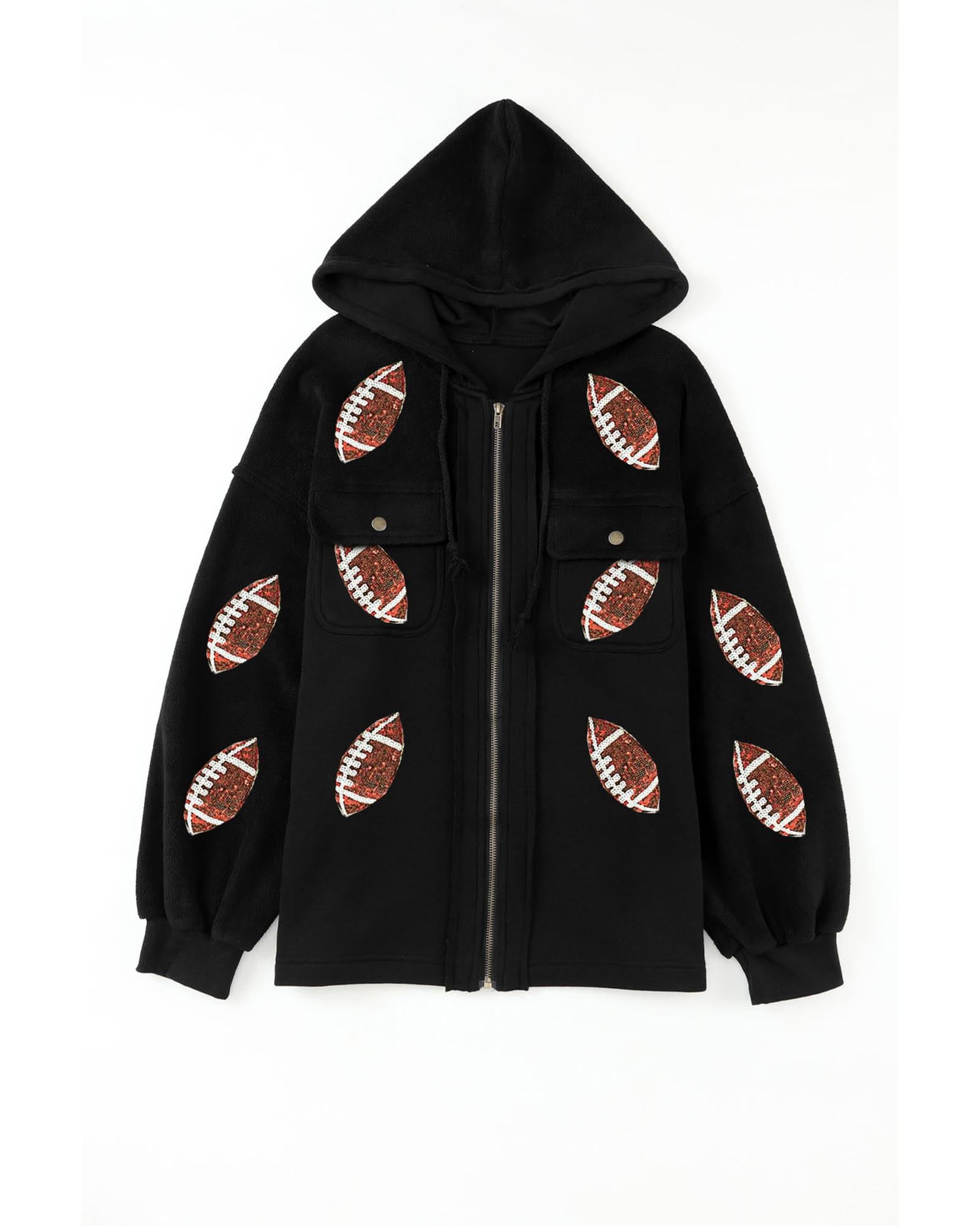 Black Sequined Rugby Football Pattern Pocketed Zipper Hooded Jacket - S 4