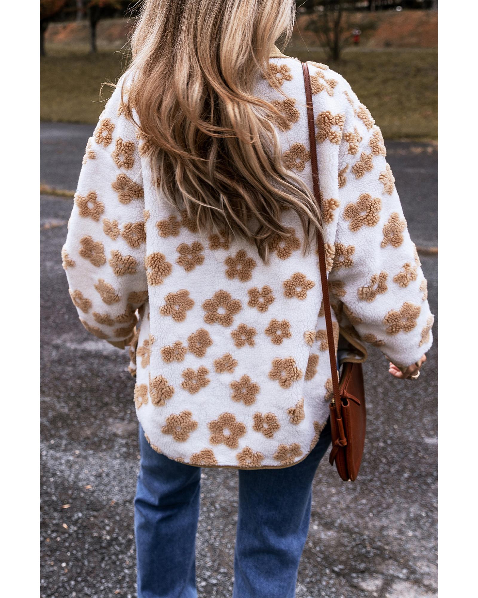 Light French Beige Cute Flower Pattern Button Up Fleece Jacket - 2XL