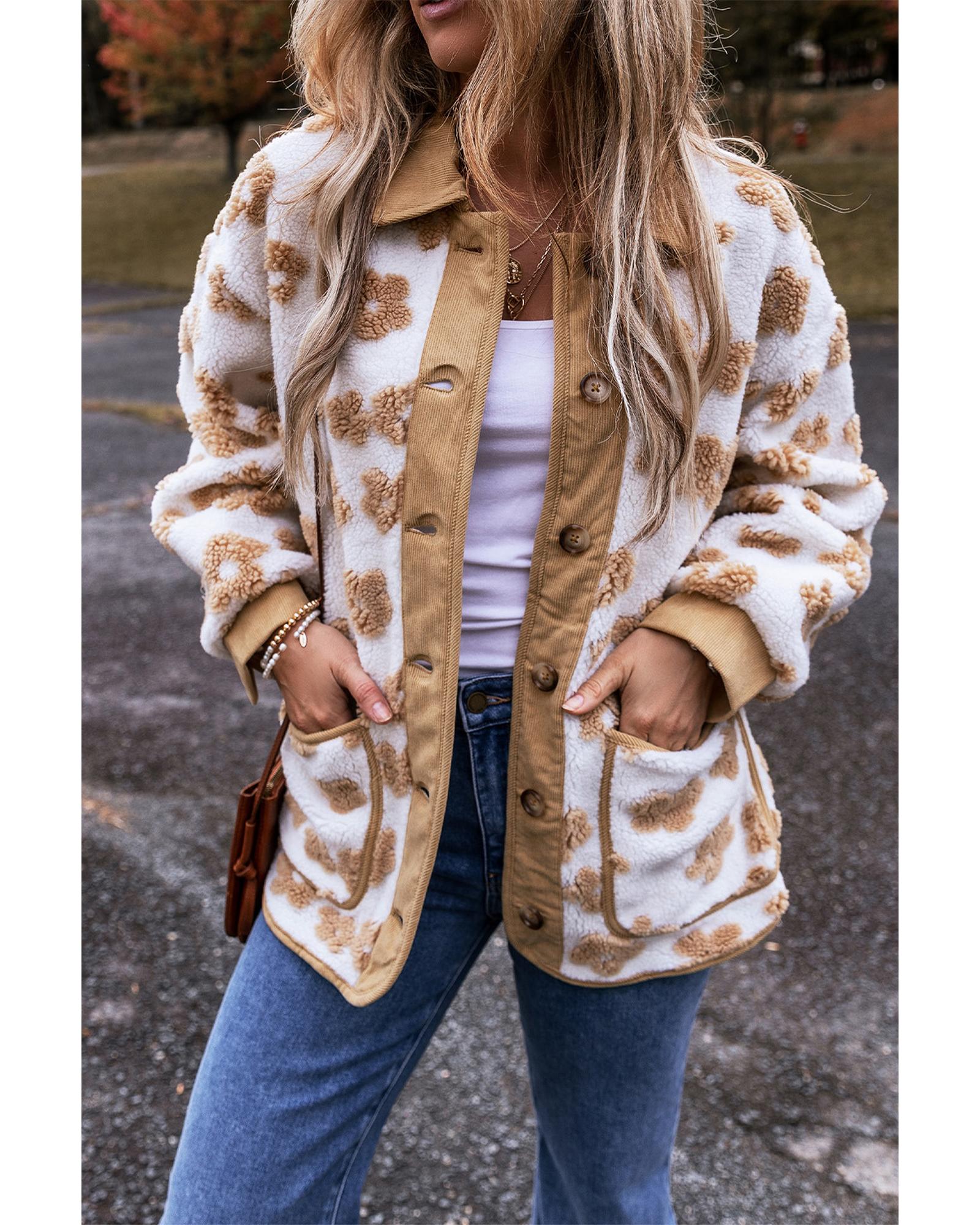 Light French Beige Cute Flower Pattern Button Up Fleece Jacket - M 3