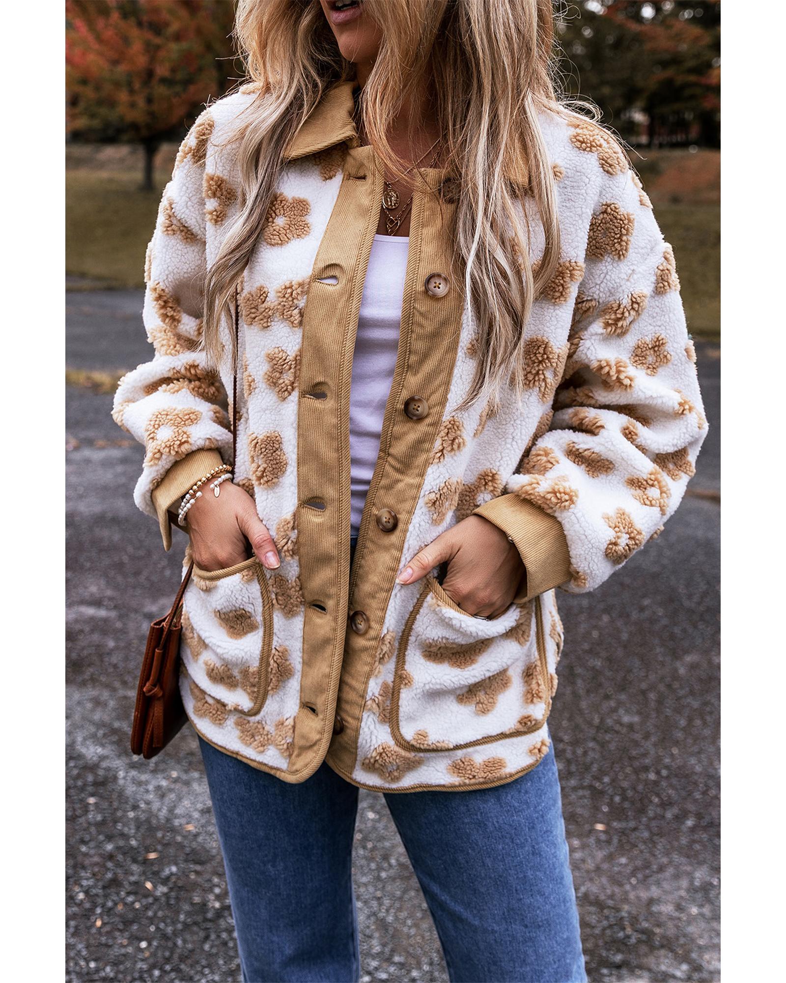 Light French Beige Cute Flower Pattern Button Up Fleece Jacket - M 4