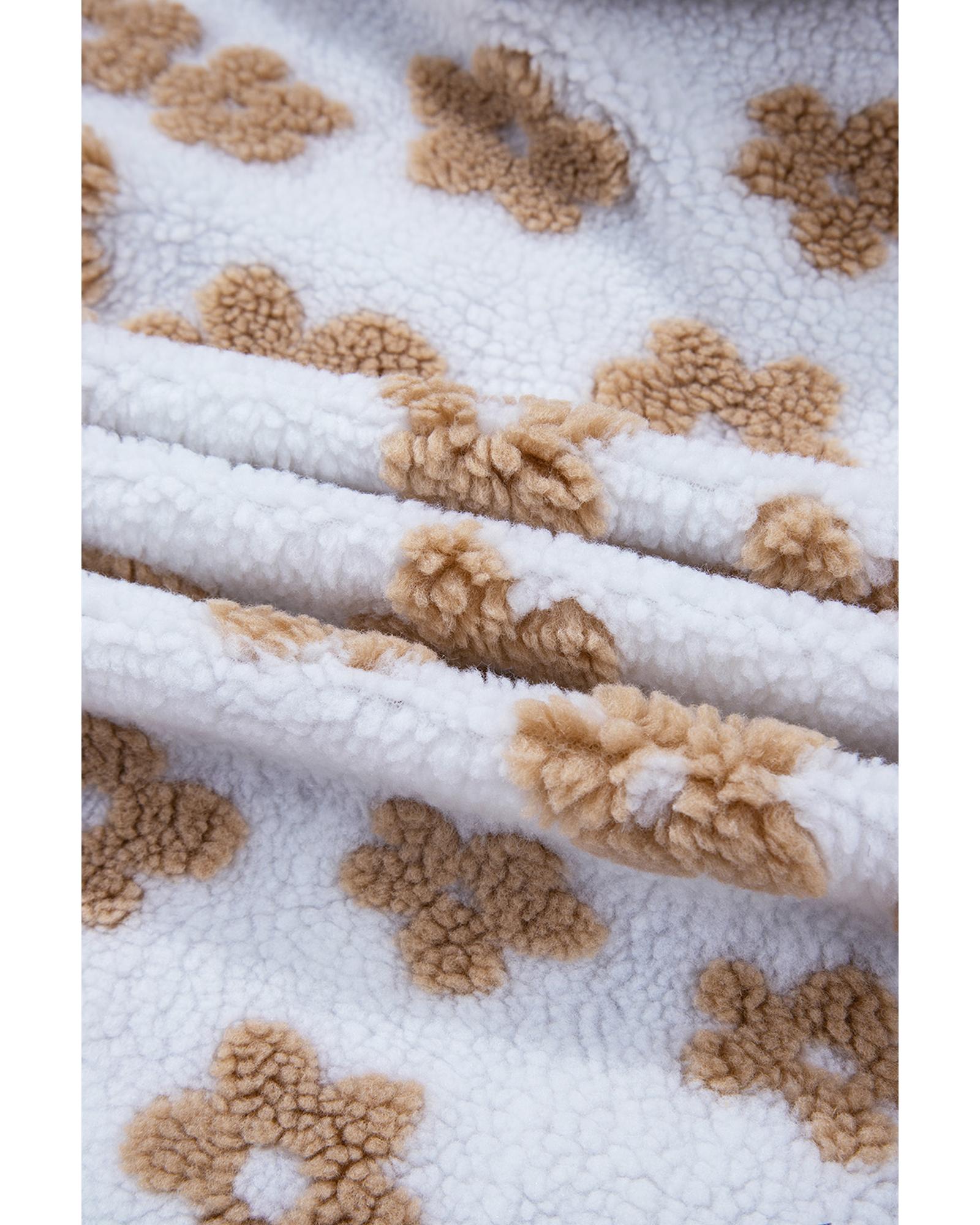 Light French Beige Cute Flower Pattern Button Up Fleece Jacket - M 8