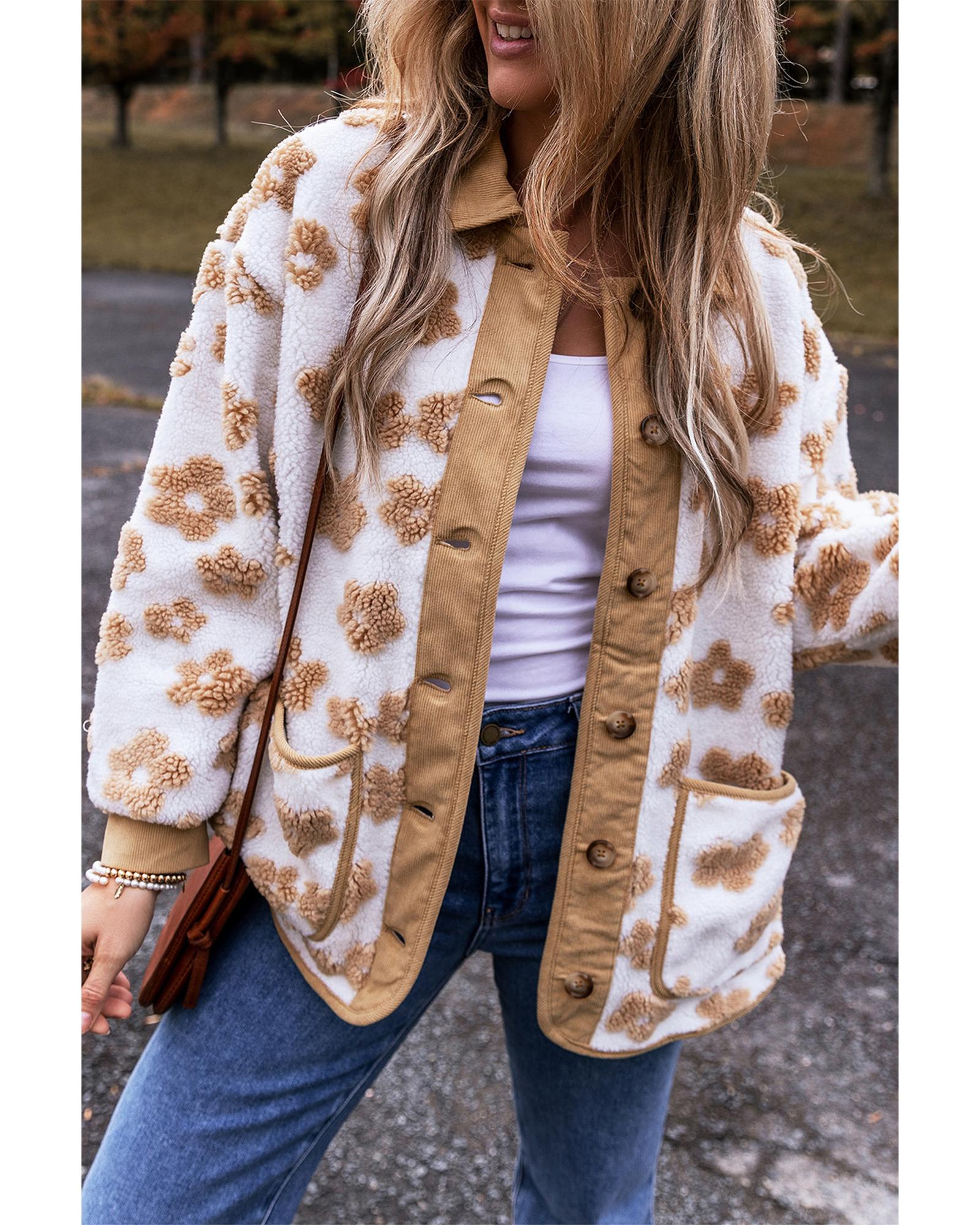 Light French Beige Cute Flower Pattern Button Up Fleece Jacket - S 5