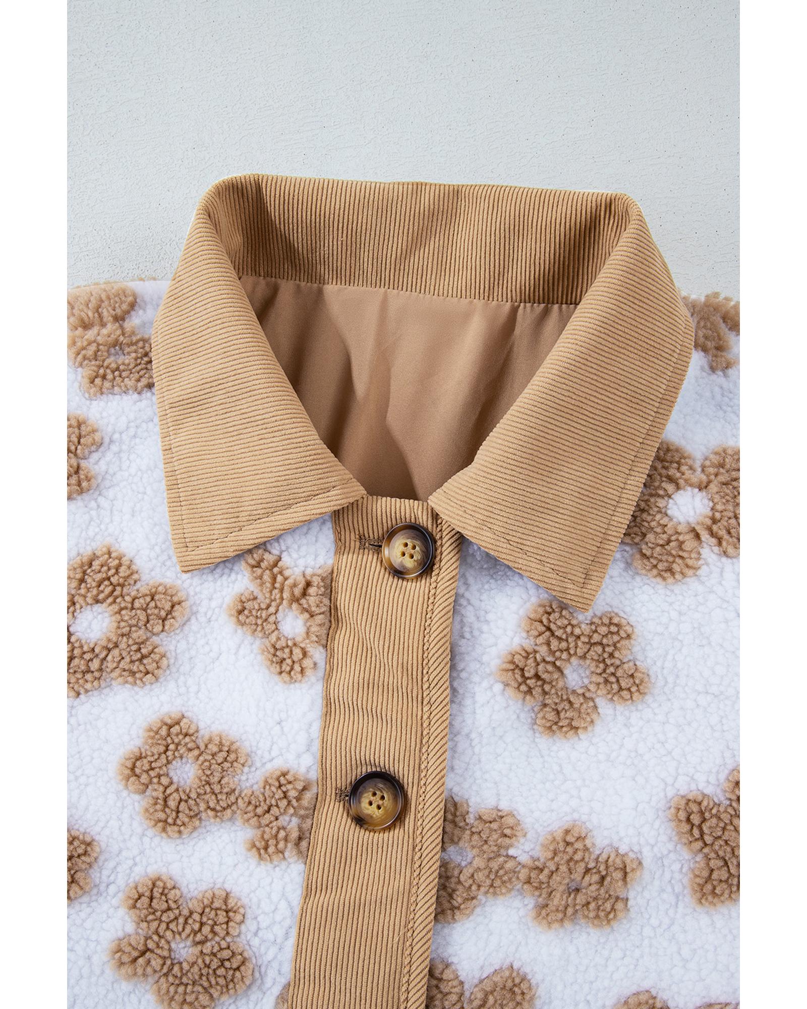 Light French Beige Cute Flower Pattern Button Up Fleece Jacket - S 7