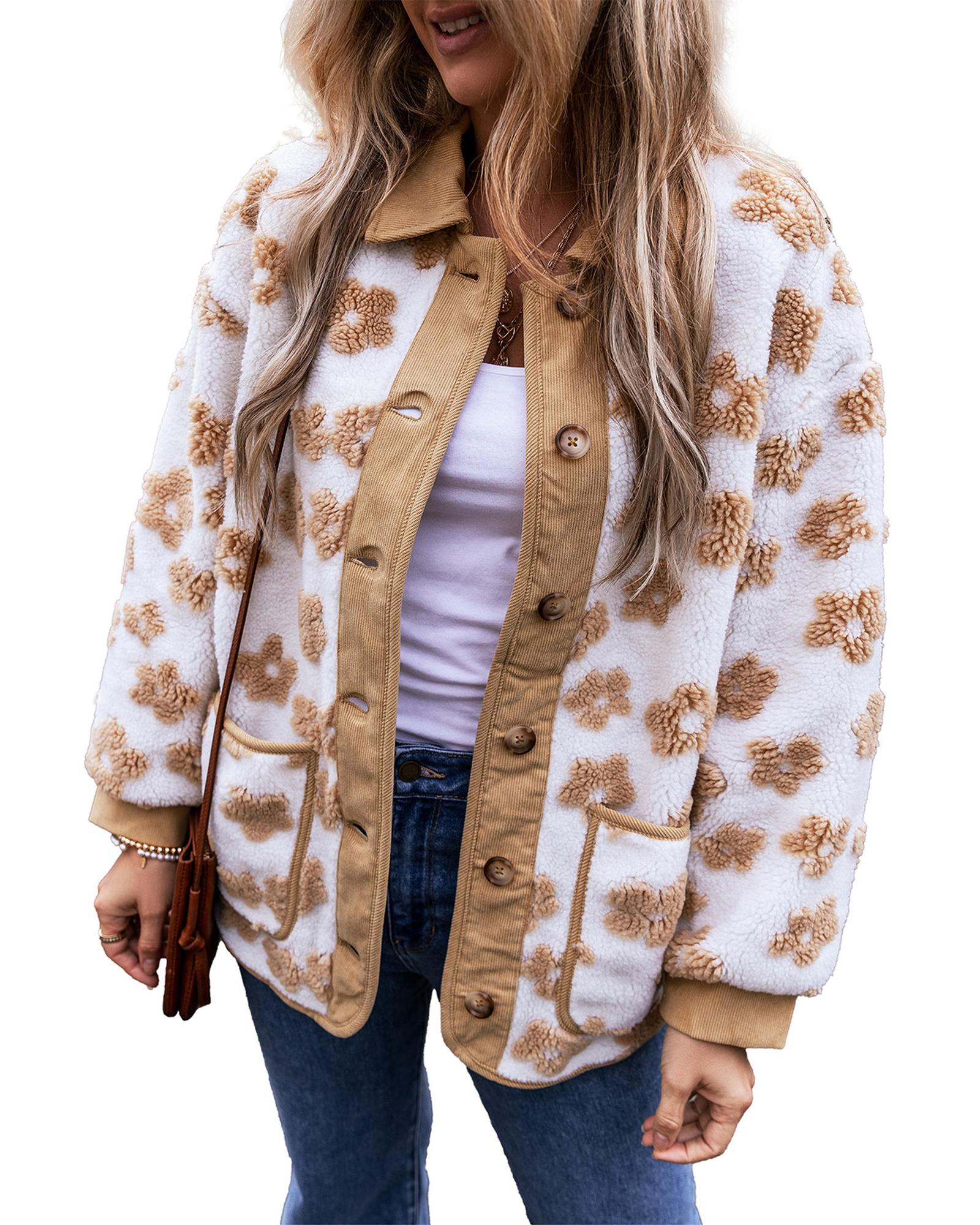 Light French Beige Cute Flower Pattern Button Up Fleece Jacket - XL 5