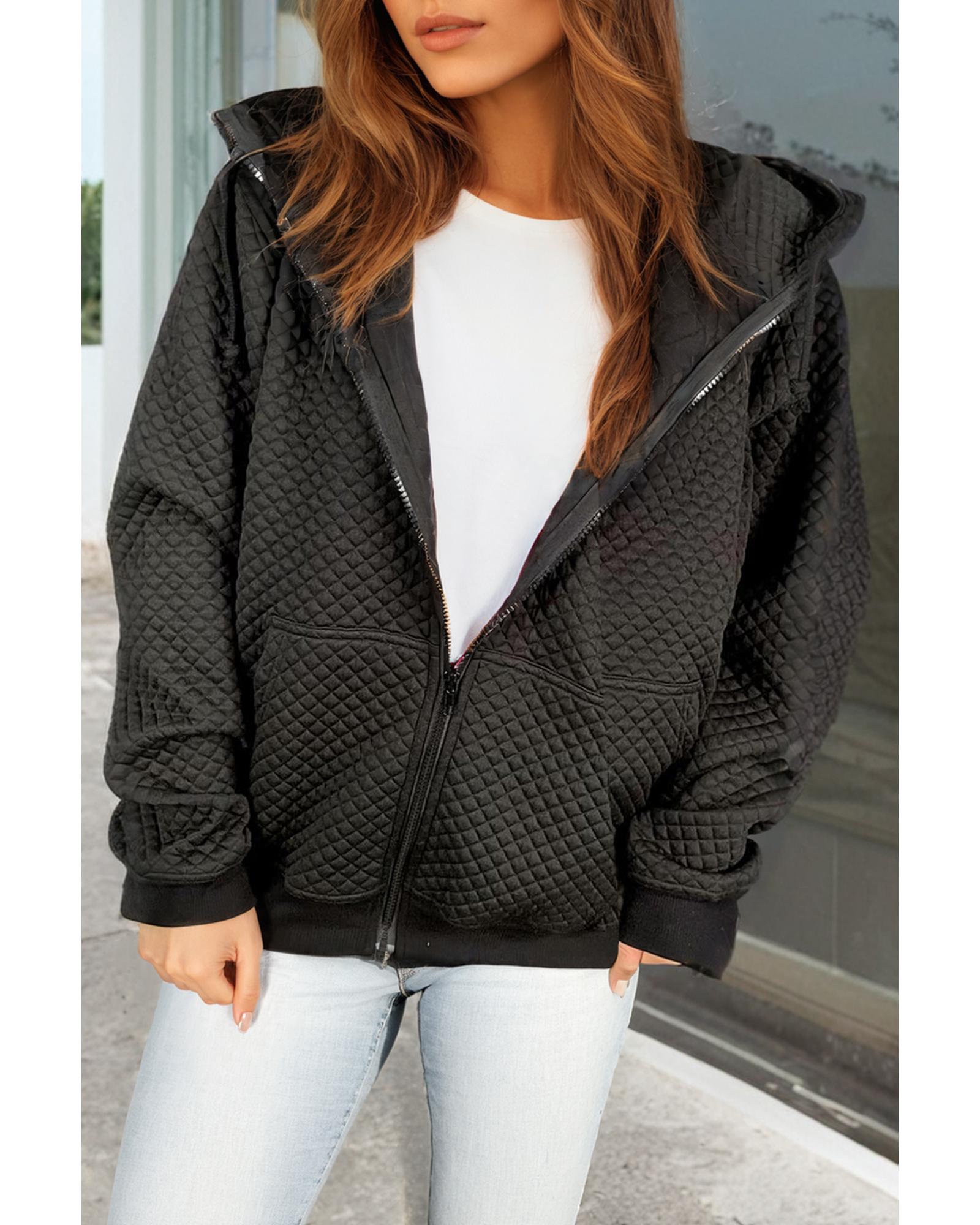 Black Quilted Side Pockets Zipper Hooded Jacket - M