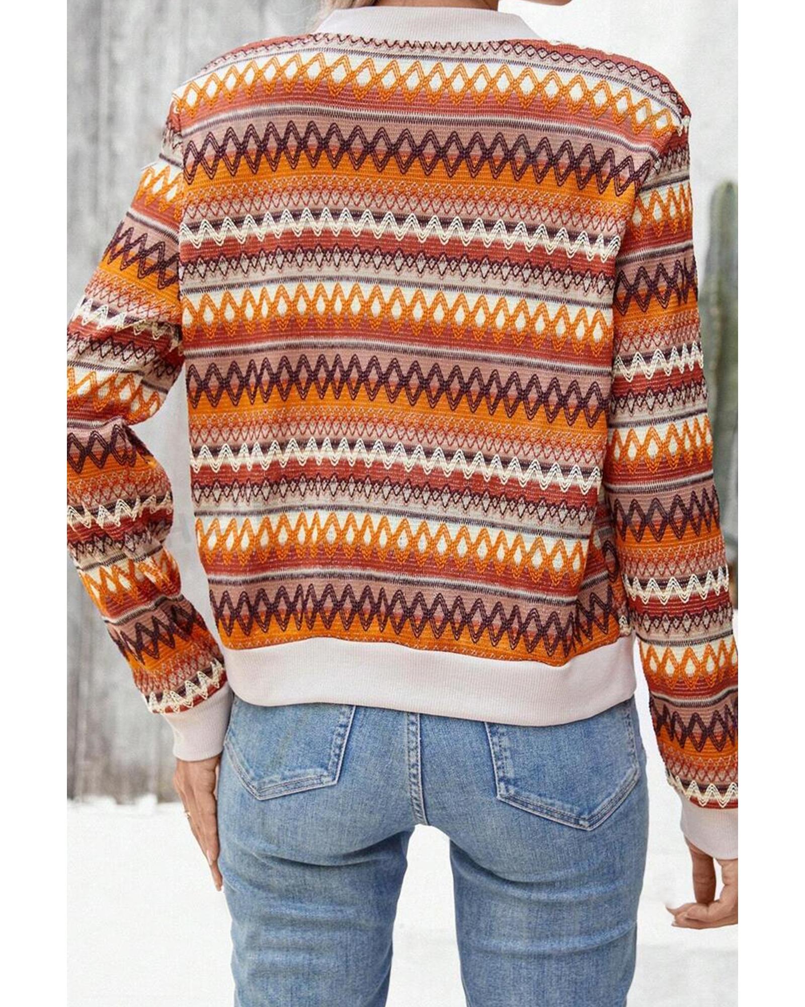 Orange Boho Striped Zip Up Long Sleeve Jacket - M